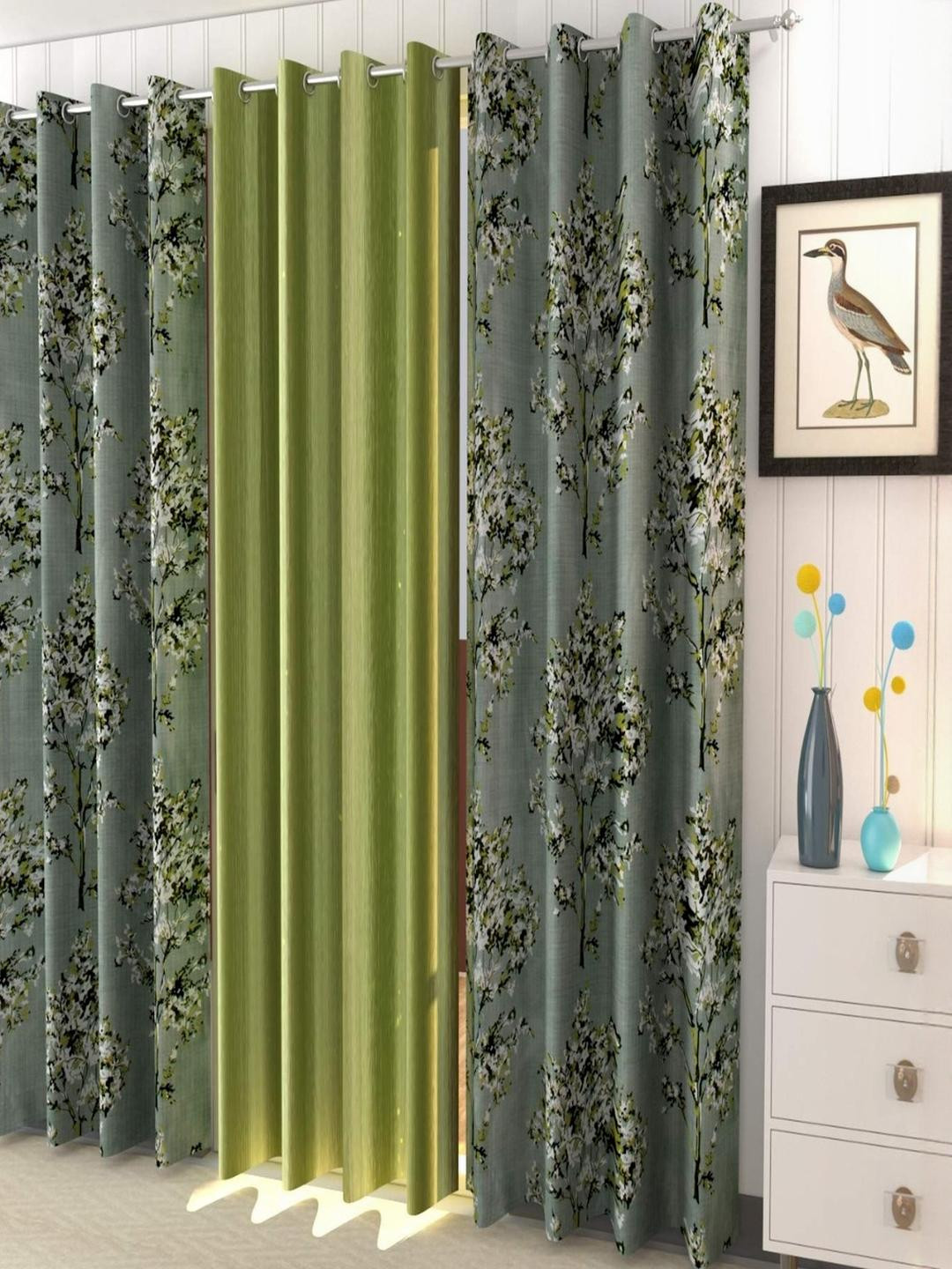 AADI TRADERS Curtain Green & Grey Set of 3 Floral Door