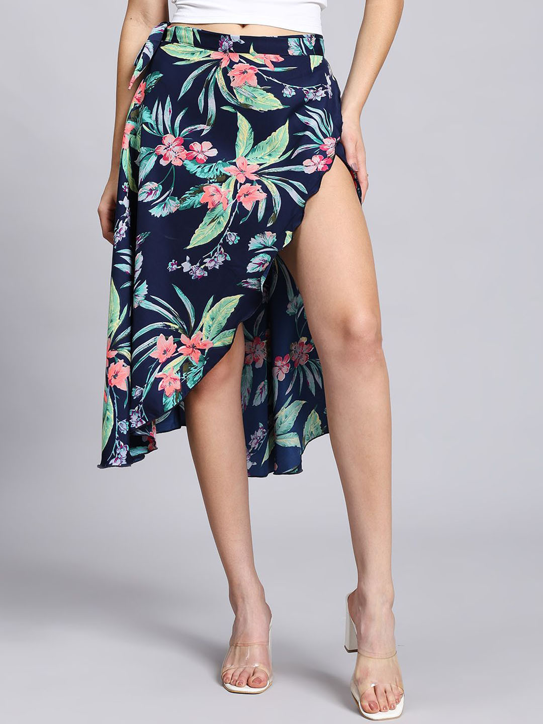 BODYFIGURE Women Floral Printed Wrap Around Midi Skirt