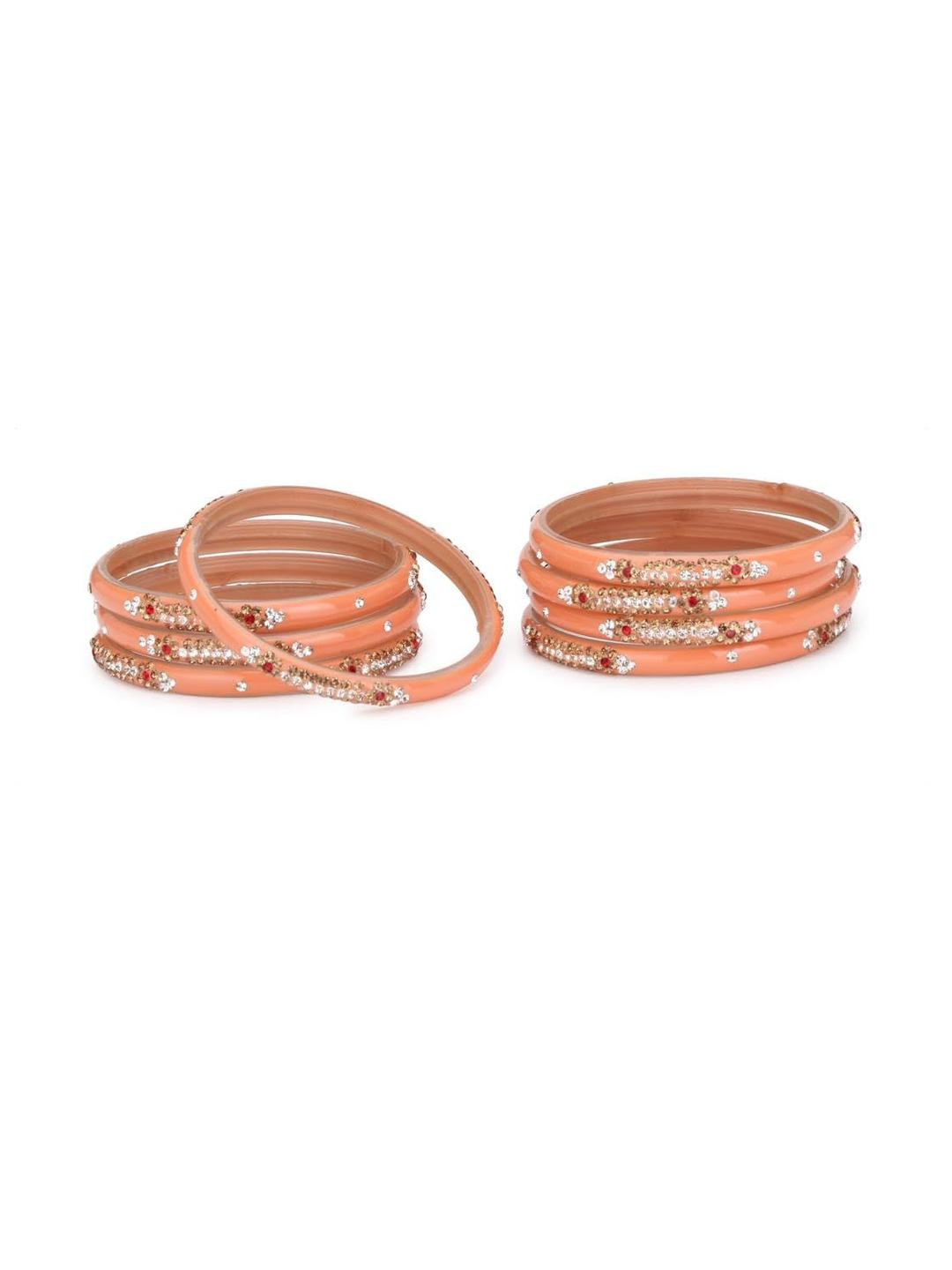 1ST TIME Pack of 8  Women's Peach Glossy Stone Studded Handmade Glass Bangle