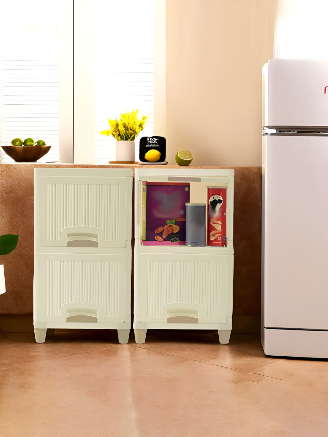 RUBOXA Set of 4 Cream-Coloured 2 + 2 Multipurpose Folding Cabinet Storage Rack