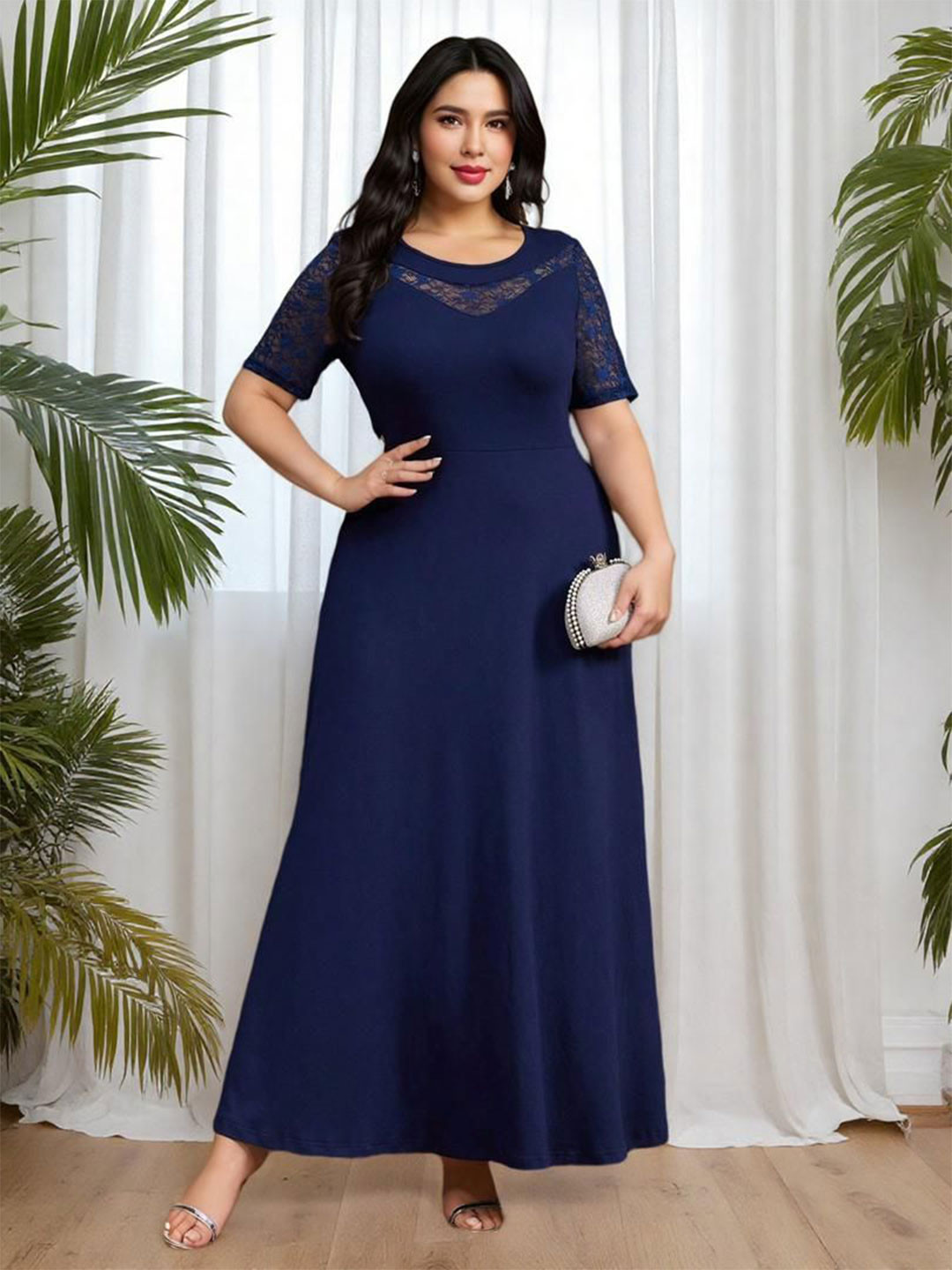 Sztori Women Plus Size Round Neck Short Sleeves Lace Maxi Dress