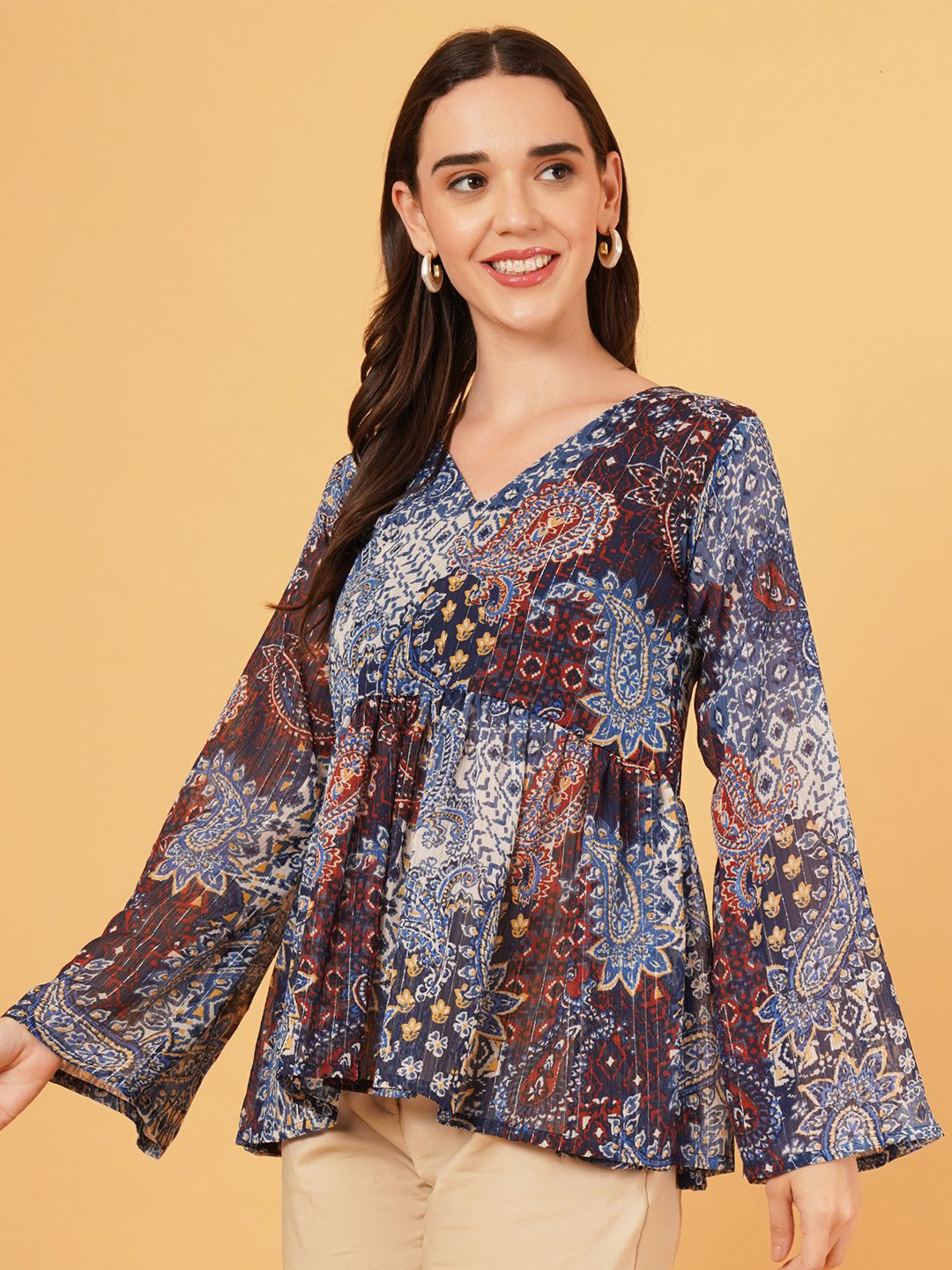 Magnetism Women Print V-Neck Flared Sleeves Wrap Top