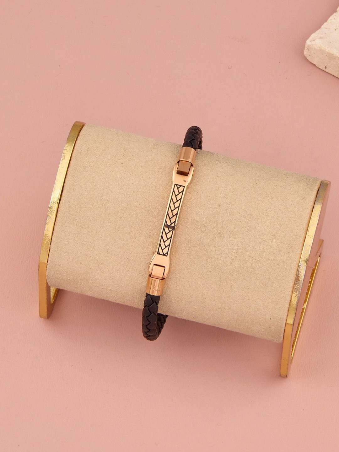 GC PREMIUM JEWELLERY Men Leather Rose Gold-Plated Link Bracelet