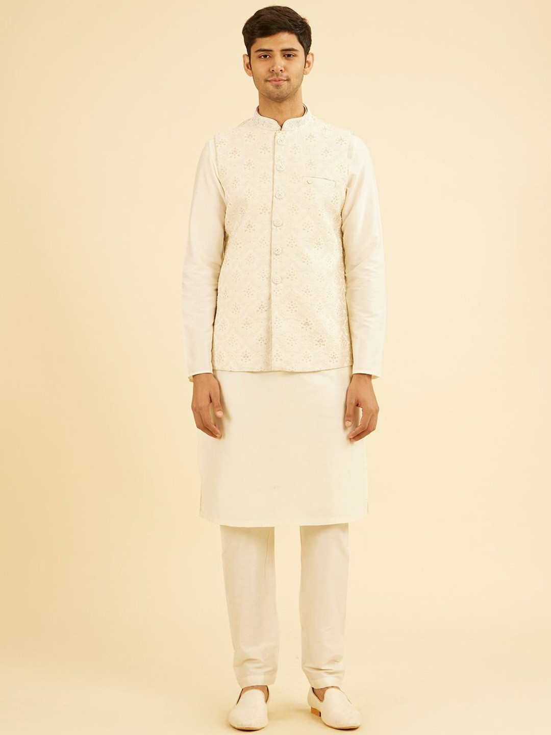 Manyavar Men Embroidered Nehru Jacket with Pocket Square