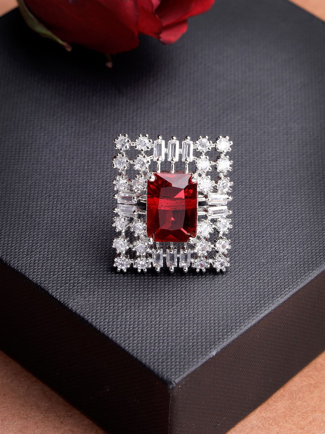 Anouk Silver-Plated Cubic Zirconia-Studded Square-Shaped Adjustable Finger Ring