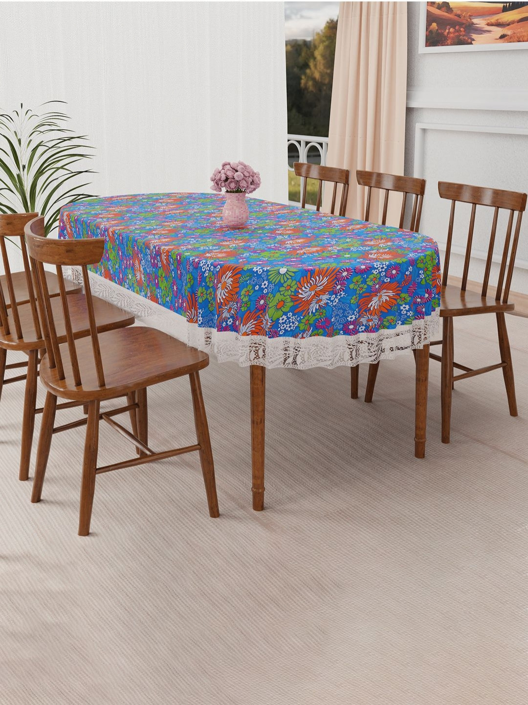 RUBOXA Blue Floral Plastic Oval 6-Seater Table Cover