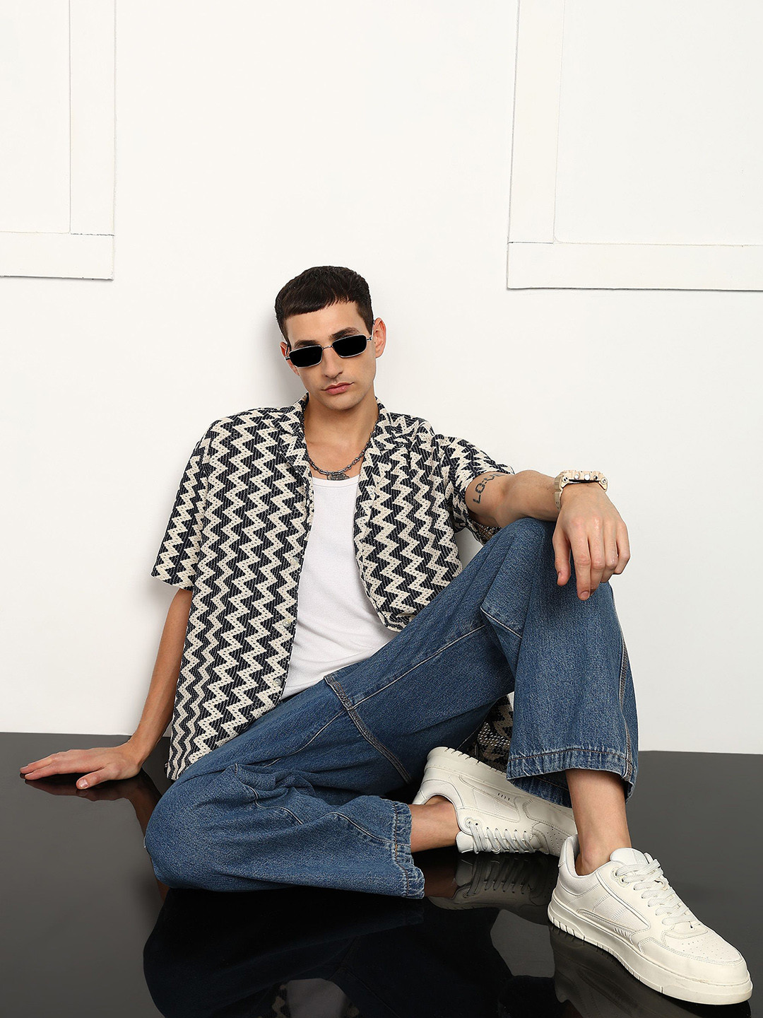 Roadster Chevron Printed Classic Cuban Collar Cotton Shirt