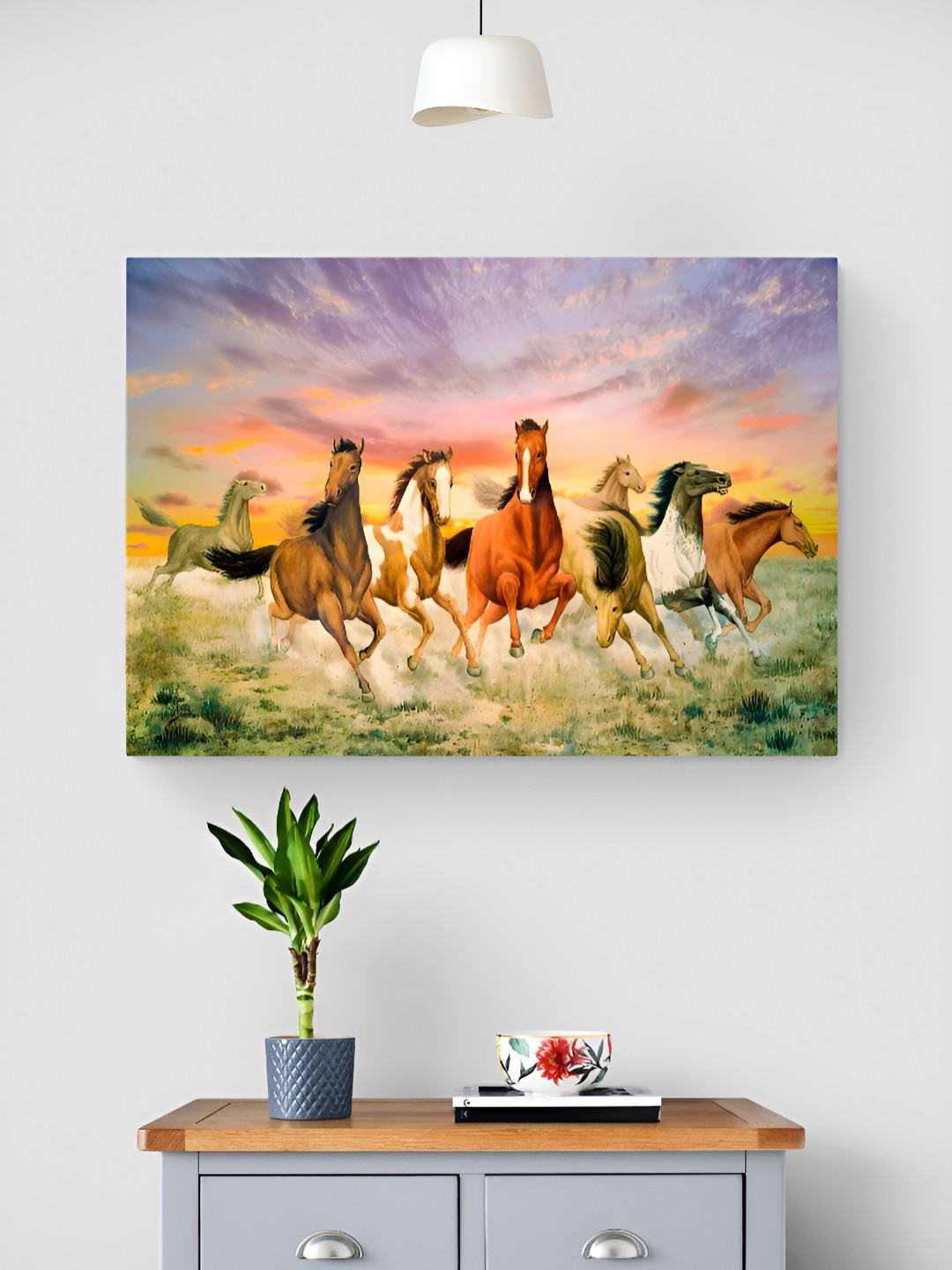 Tushaco Handicrafts Seven Horse Stretched Canvas Wrapped Wall Painting
