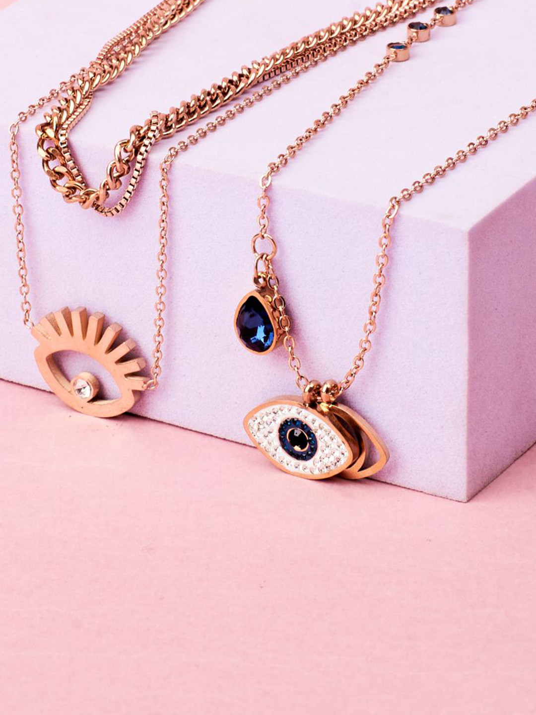 SALTY Set Of 2 Artificial Stones-Studded Evil Eye & Sapphire Necklaces