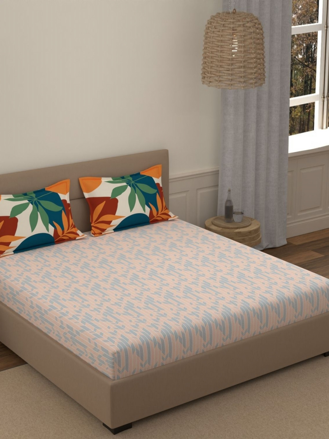Portico Fusion 144 TC Cotton Orange Double Size Bedsheet With 2 Pillow Covers