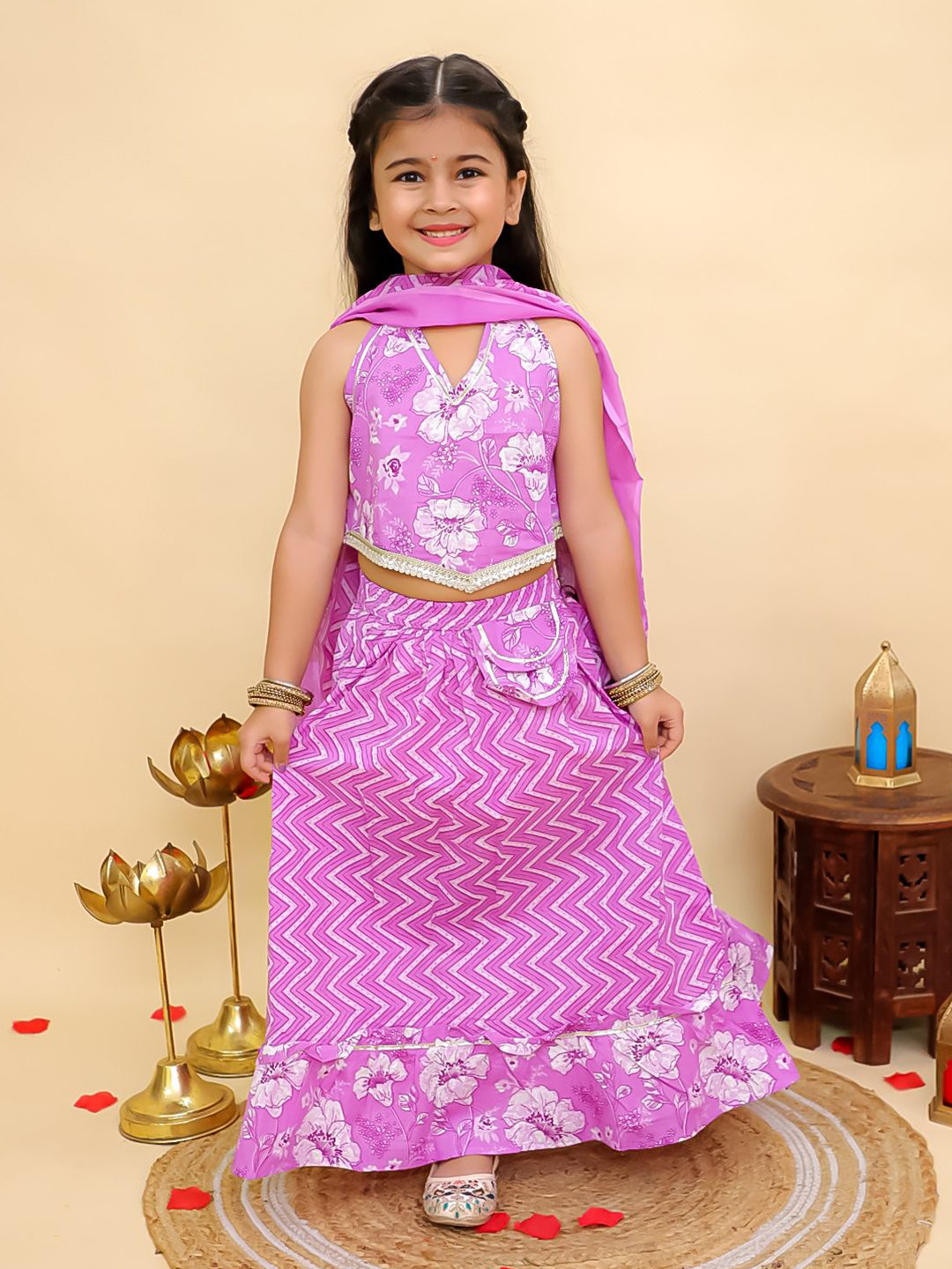 Aj DEZInES Girls Floral Printed Halter Neck Gotta Patti Cotton Ready to Wear Lehenga Choli