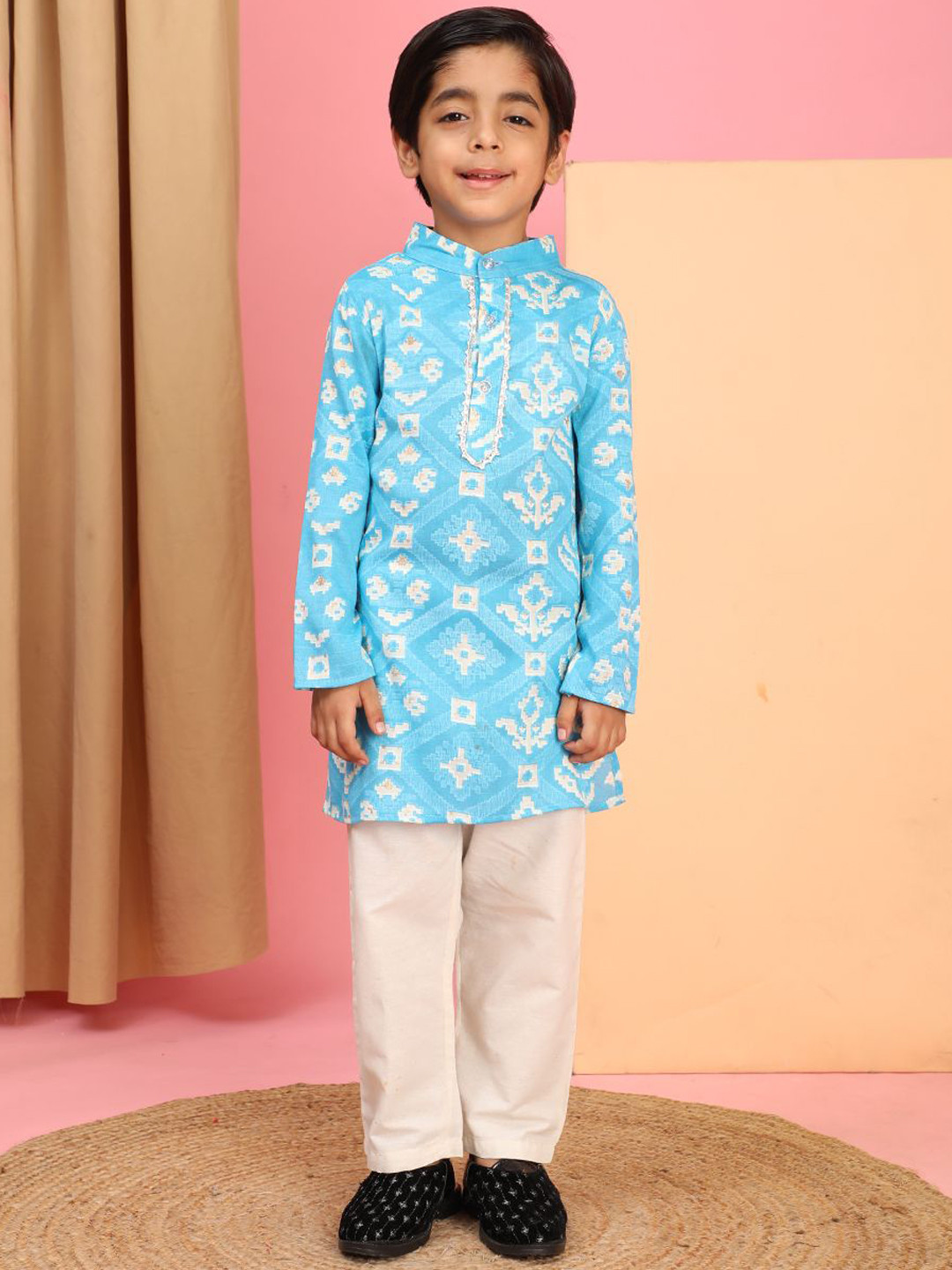 Cutiekins Boys Ethnic Motifs Printed Mandarin Collar Kurta With Pyjama