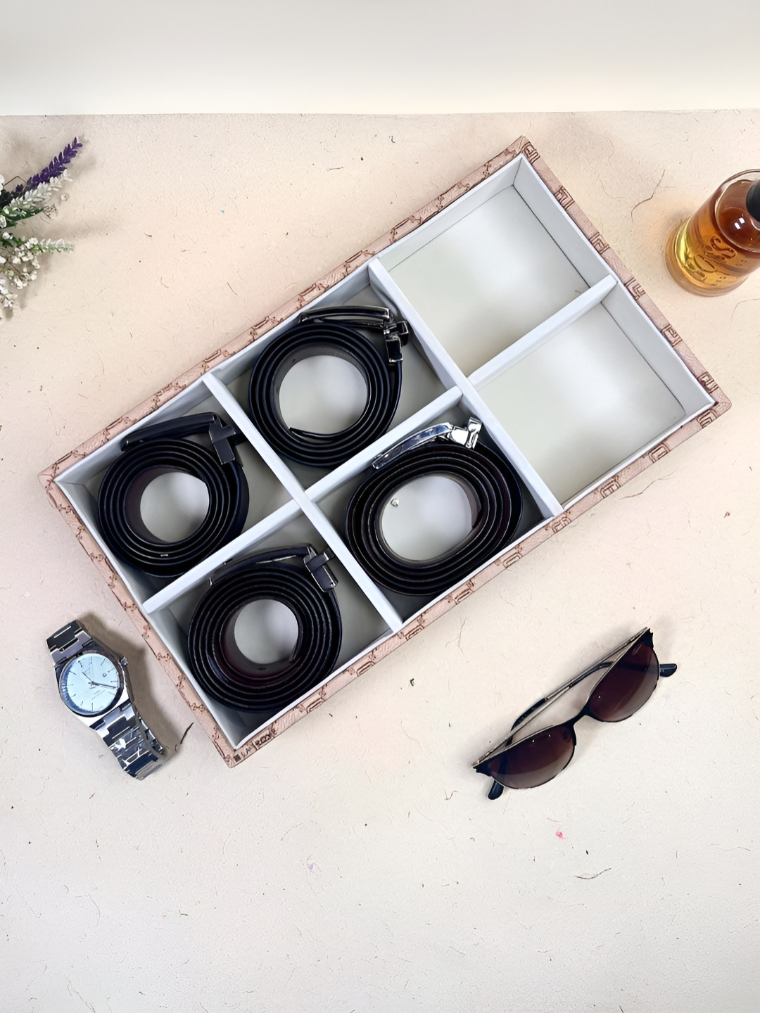 La Trove 6 Slot Champagne Leather Multi-Utility Belt Organiser Closet Tray