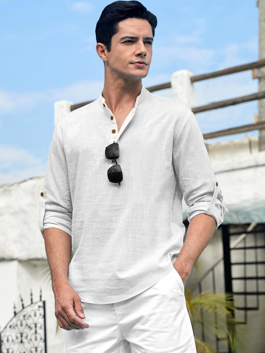 Fifth U Men's Solid White Cotton Blend Short Kurta