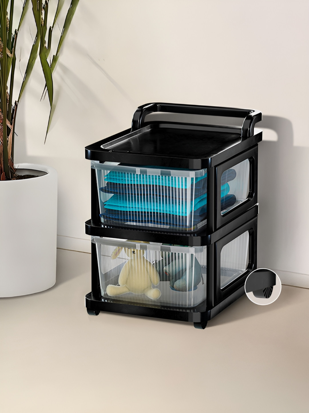 RUBOXA Transparent & Black Textured 2 Layer Drawer Organiser With Wheels