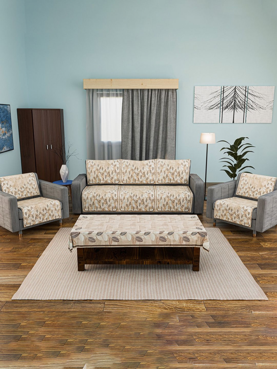 RUBOXA 11 Pcs Brown & White Velvet 5 Seater Sofa Cover & 4 Seater Center Table Cover