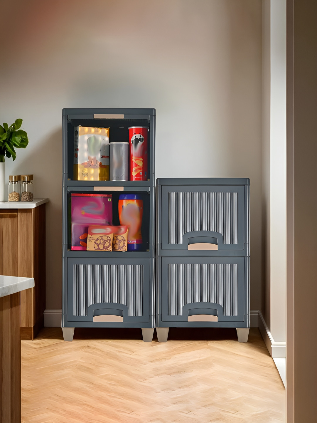 RUBOXA Set of 5 Grey 3+2 Cabinet Folding Storage Organizer Wardrobe Rack