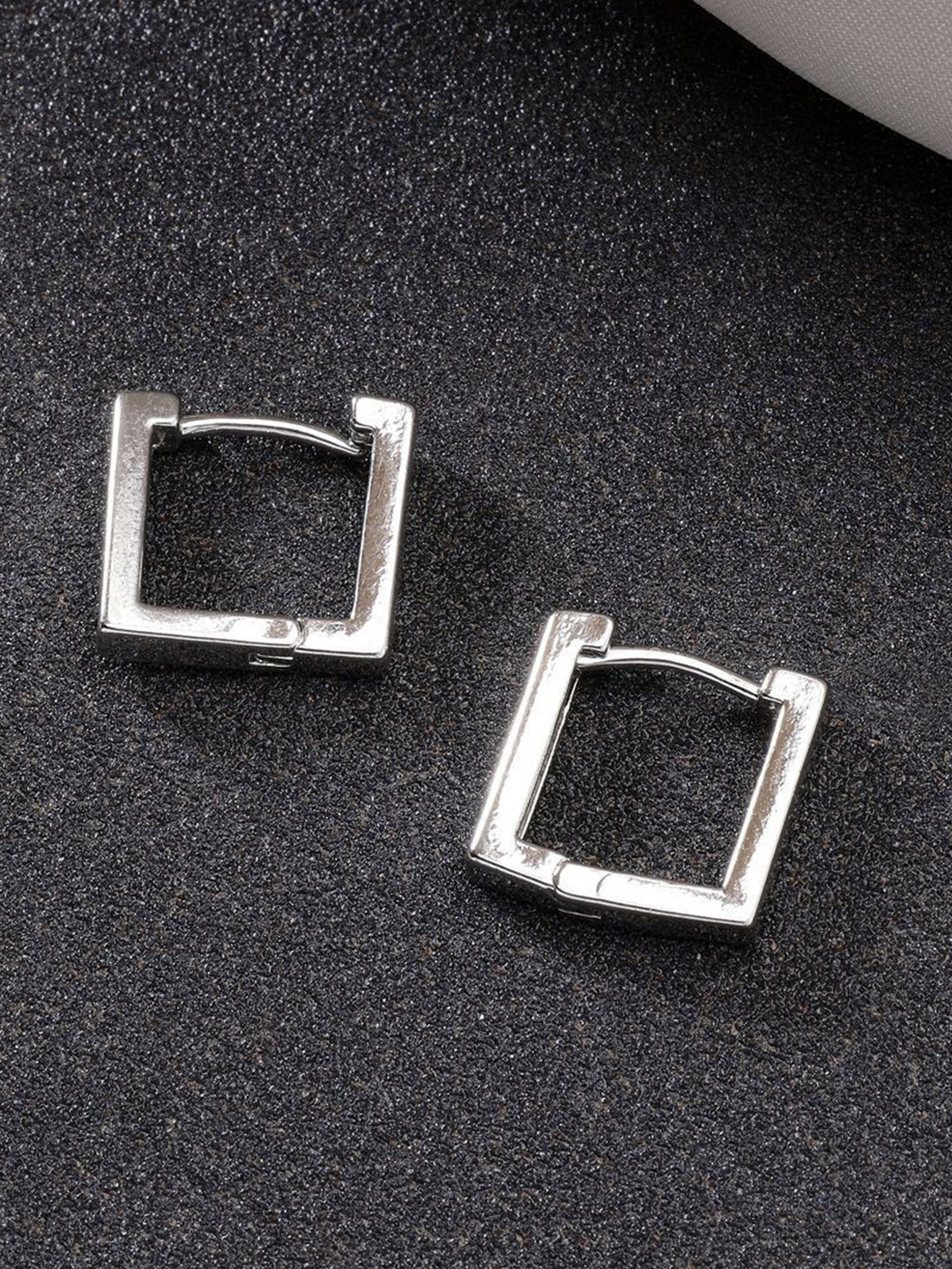 DressBerry Men Stainless Steel Silver-Plated Square Hoop Earrings