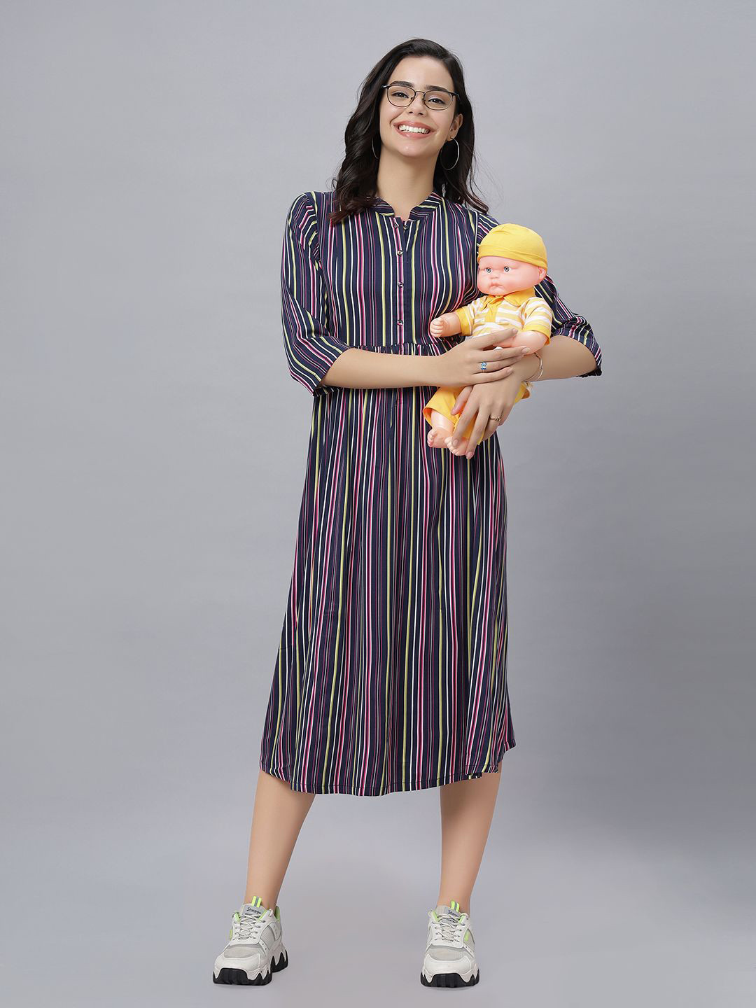 Mammas Maternity Women Round Neck Striped Shirt Dress