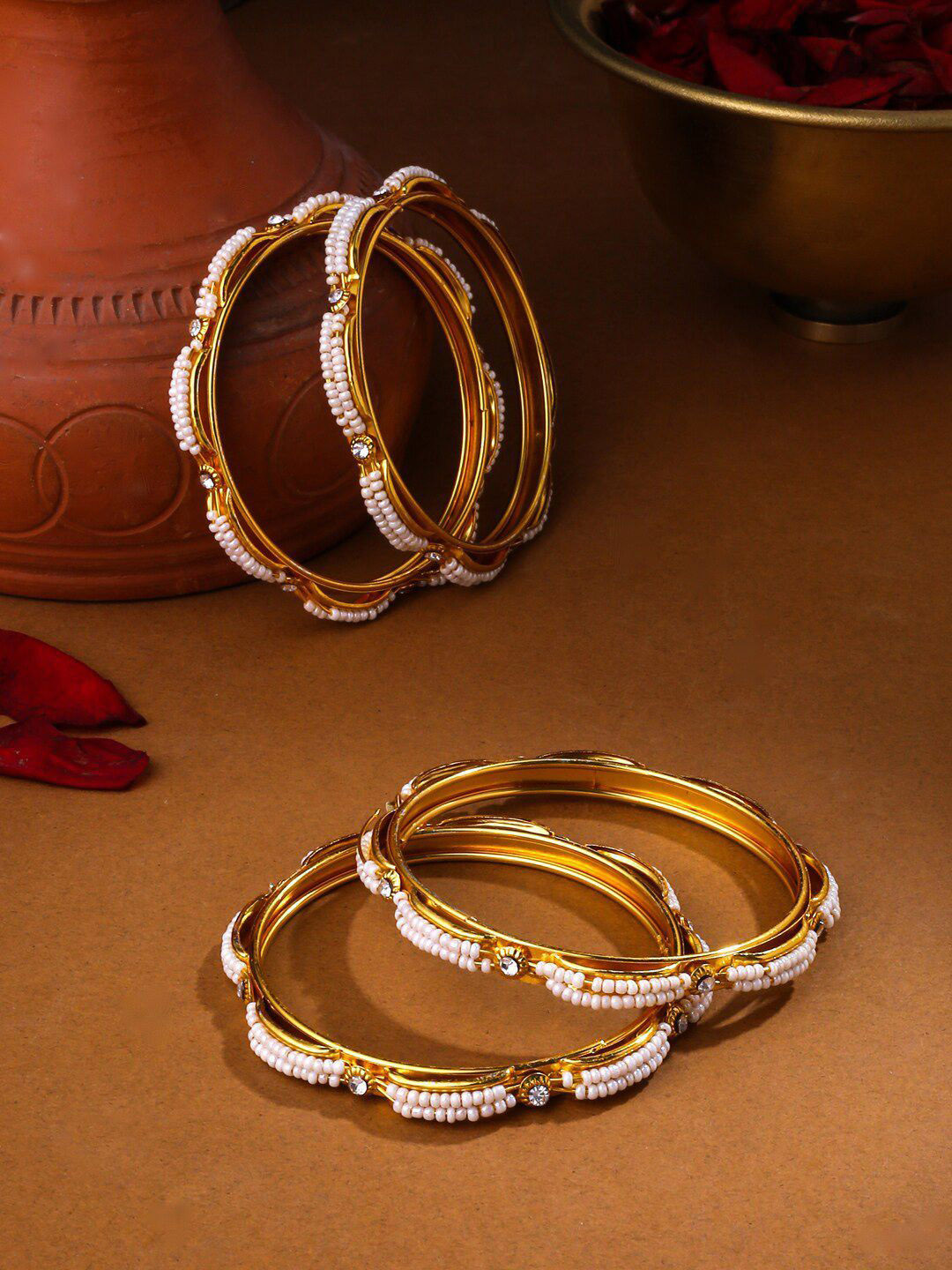 Anouk Women's Set of 4 Gold-Plated Traditional Pearls Beaded Bangles