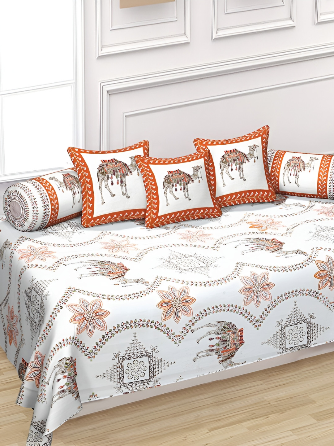 INDHOME LIFE 6Pcs White & Orange-Colored Printed Pure-Cotton 190TC Breathable Diwan Set