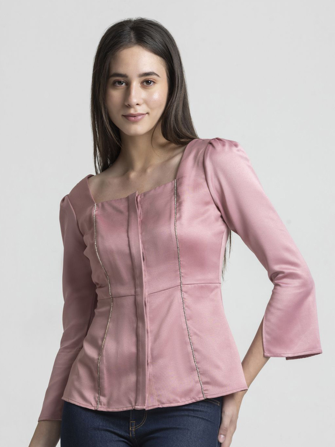 SHAYE Women Pink Satin Square Neck Solid Three-Quarter Sleeves Party Tops