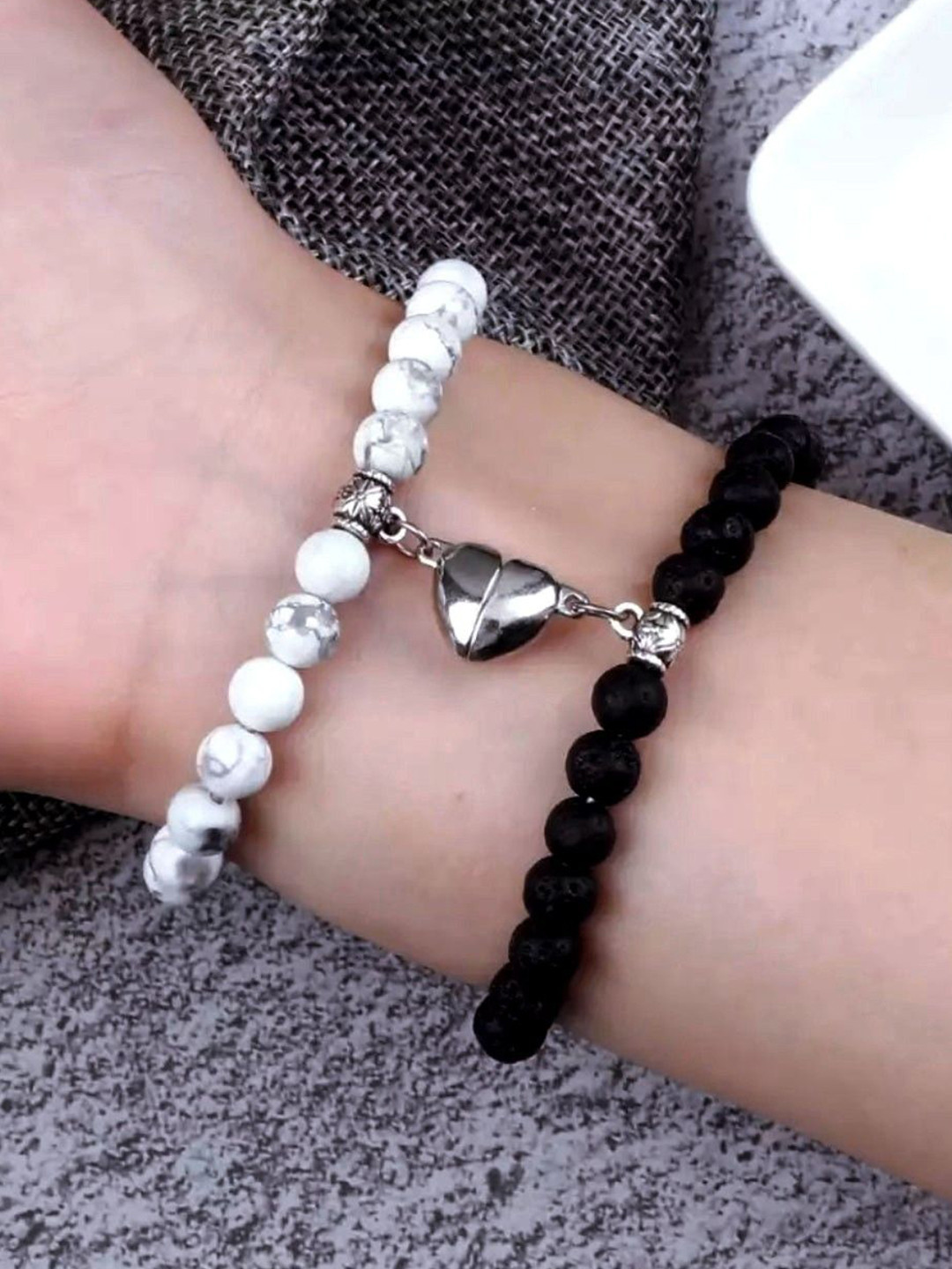 Ringzinnie Unisex Set Of 2 Stainless Steel Artificial Beaded Magnetic Bracelets