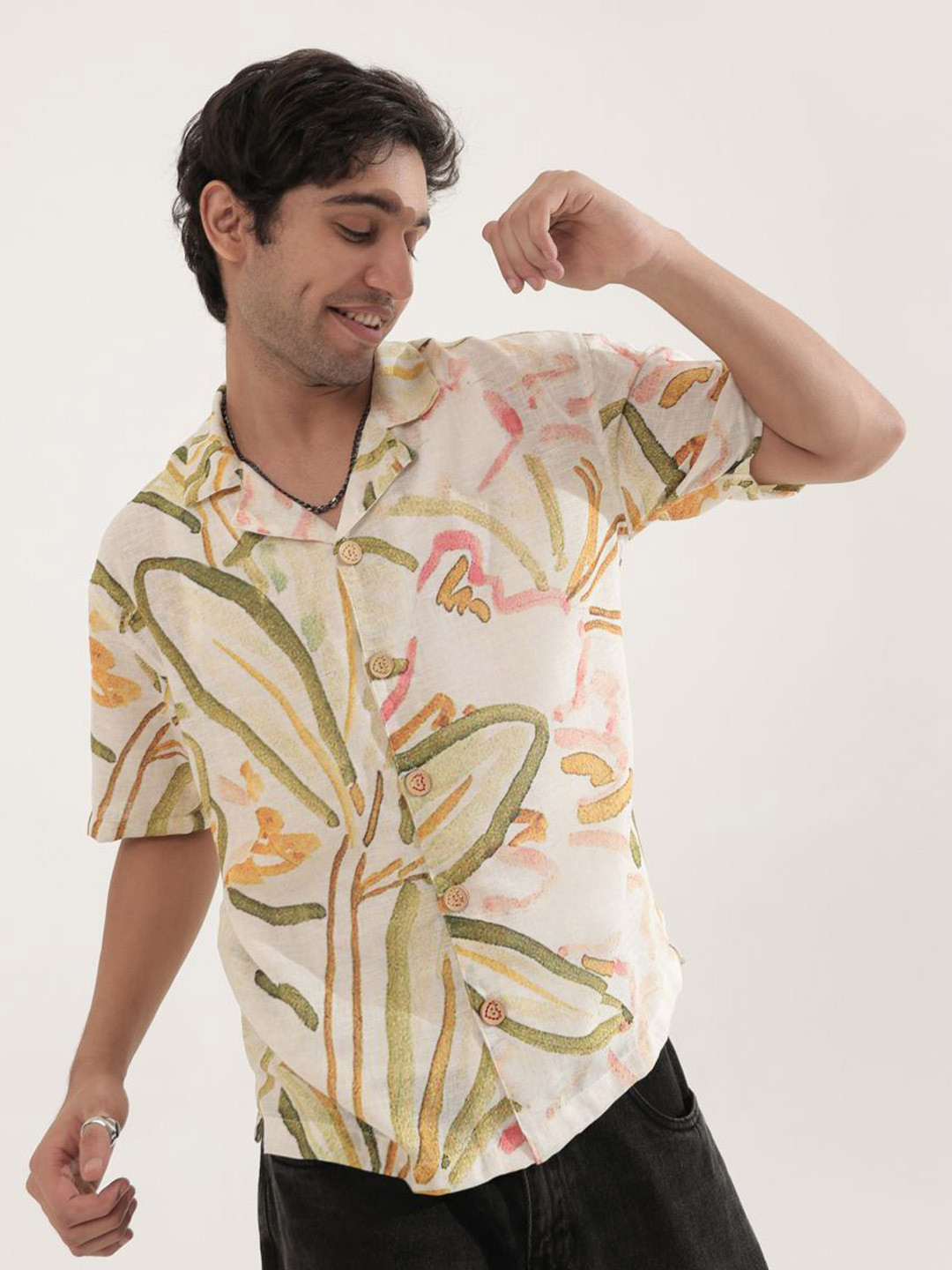 Big Bunny Men Comfort Oversized Fit Abstract Printed Cuban Collar Linen Casual Shirt