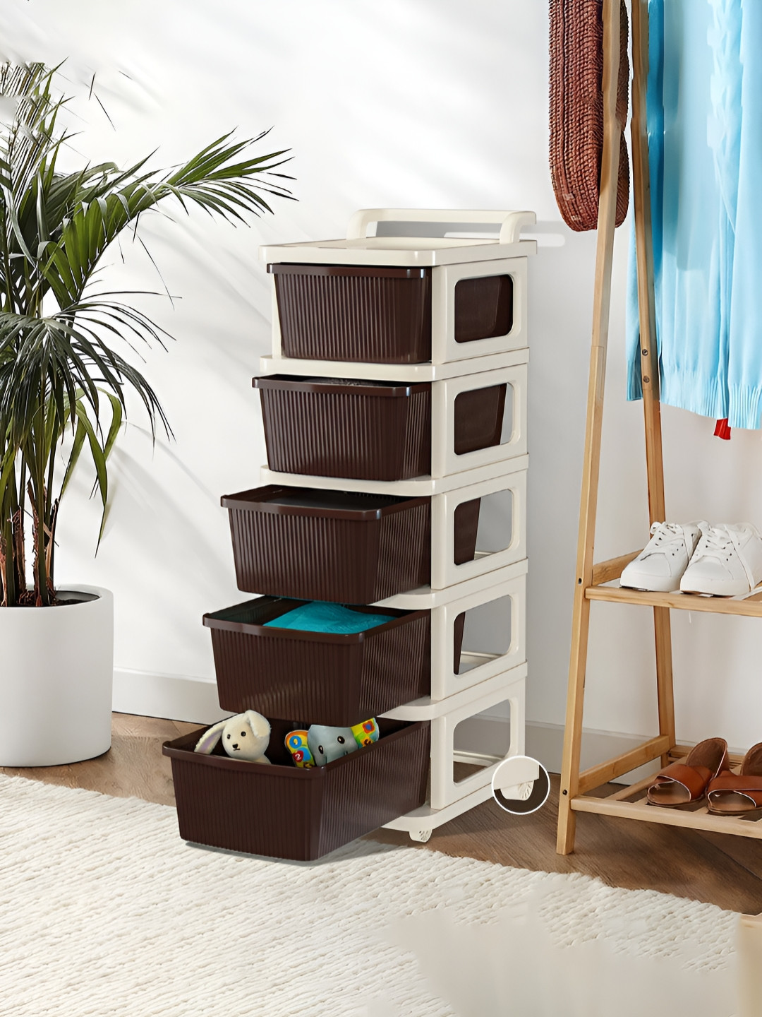 RUBOXA Cream-Coloured & Brown Textured 5 Layer Drawer Organiser With Wheels