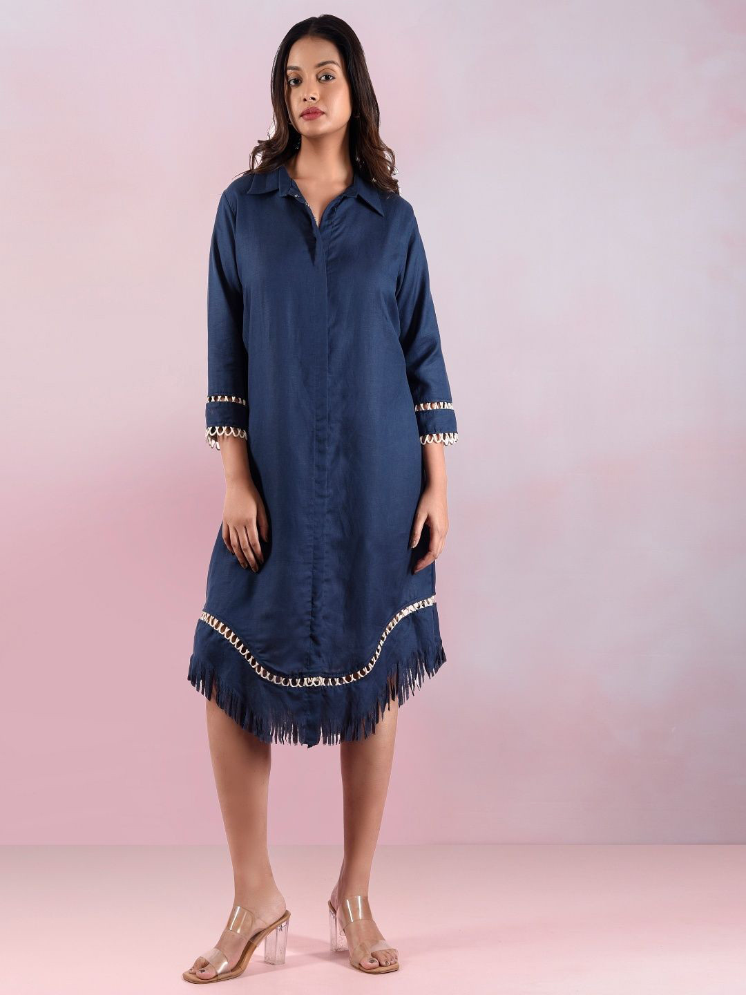 THE HOUSE OF HEMP Women Linen Shirt Dress With Fringed Details