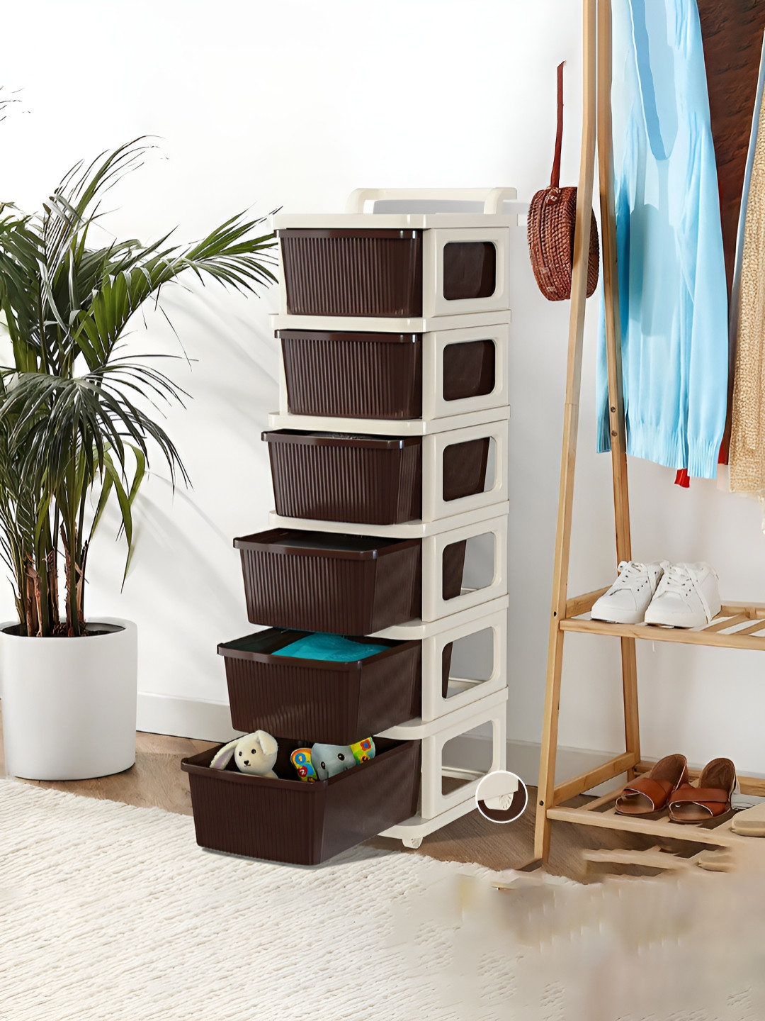 RUBOXA Cream-Coloured & Brown Textured 6 Layer Drawer Organiser With Wheels