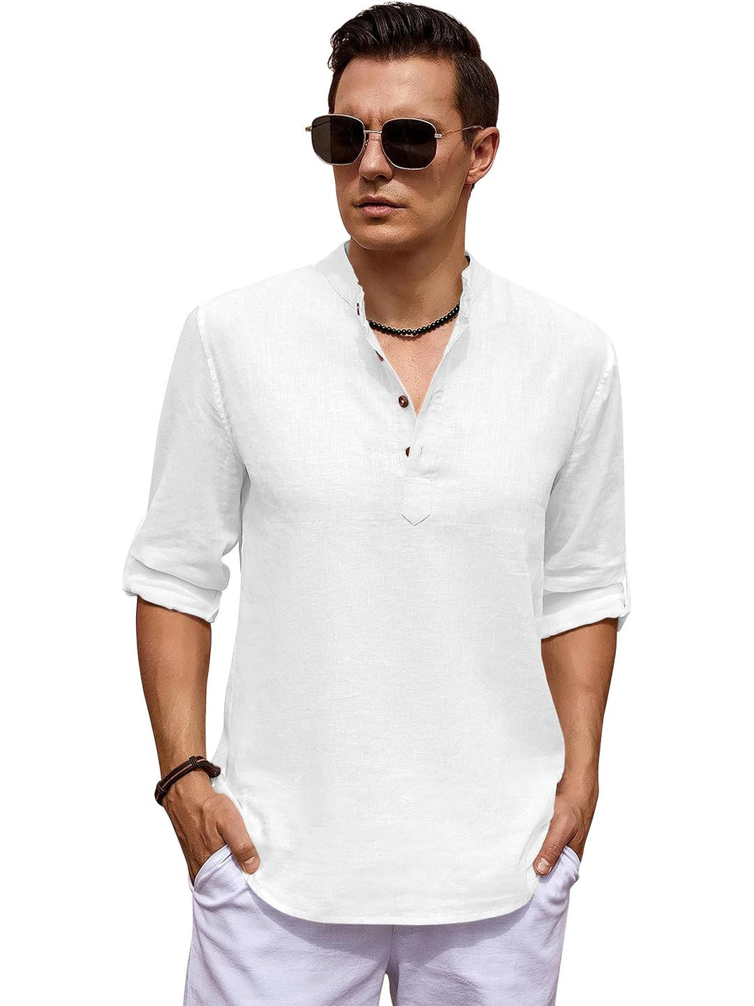 Fifth U Men White Solid Cotton Blend Mandarin Collar Straight Kurta