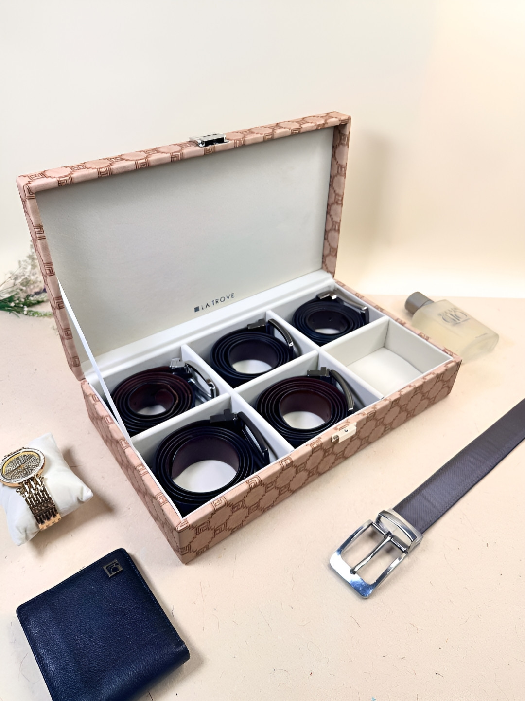 La Trove 6 Slot Champagne Leather Belt Box Display Organizer Closet Box