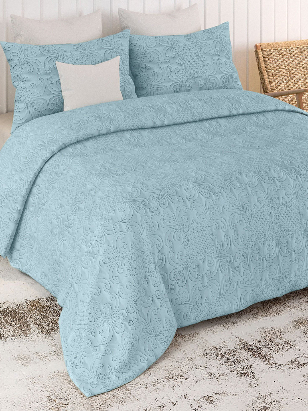 LABHAM Blue Woven Design Cotton 300 GSM Double Bed King Bed Cover