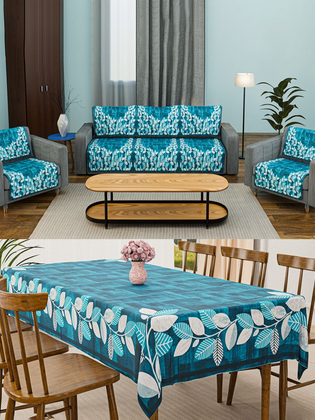 RUBOXA 11 Pcs Blue & White Velvet 5 Seater Sofa Cover and 6 Seater Dining Table Cover