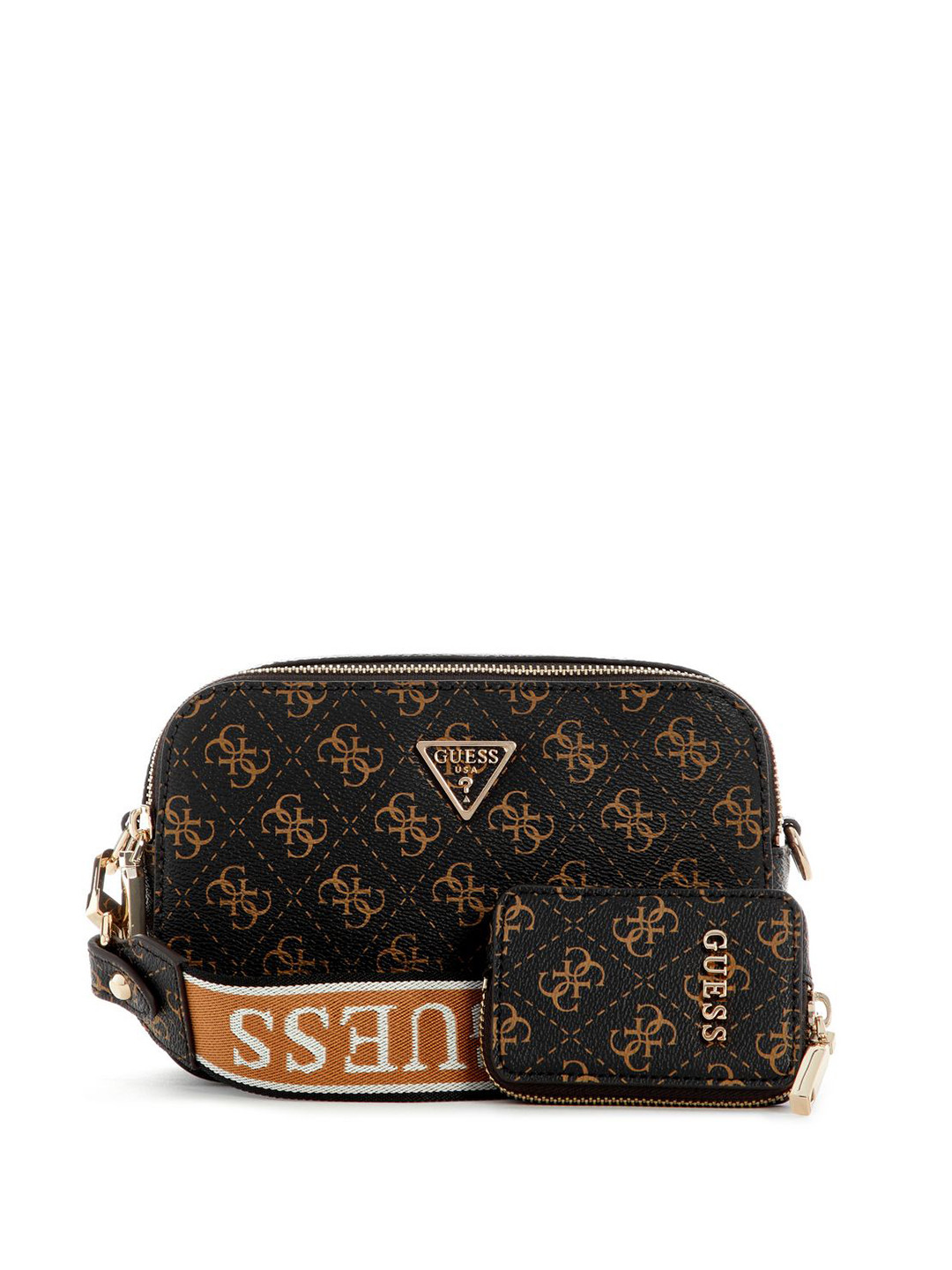 GUESS Women Latona Camera Typography Crossbody Sling Bag with Pouch