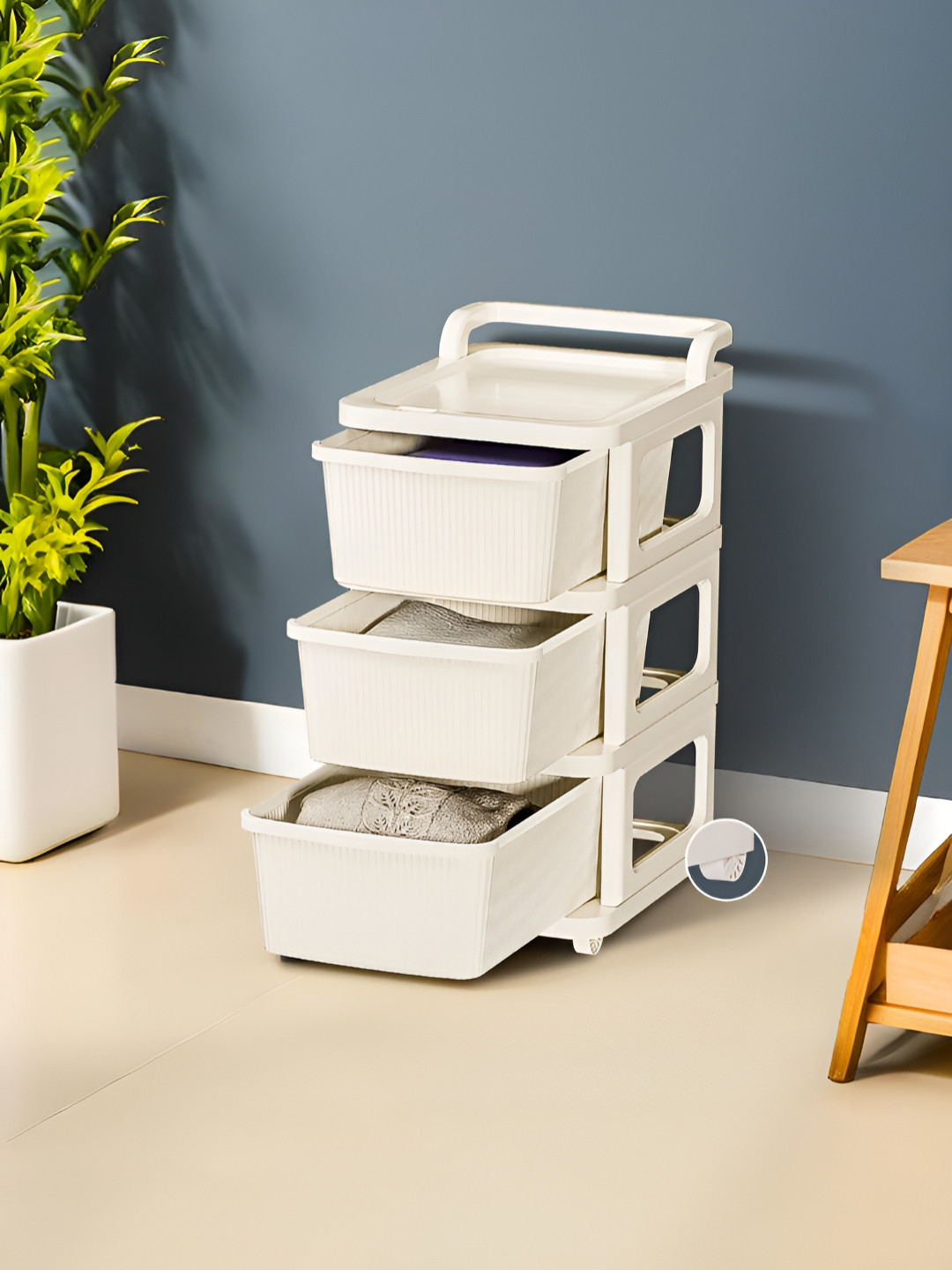 RUBOXA Cream-Coloured 3 Layer Drawer Organiser With Wheels