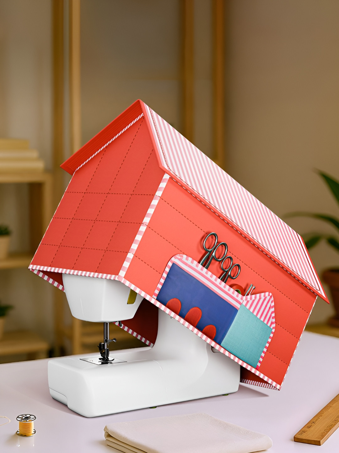 RUBOXA Red & White Printed Cotton Eco-Friendly Sewing Machine Cover With Storage Pocket