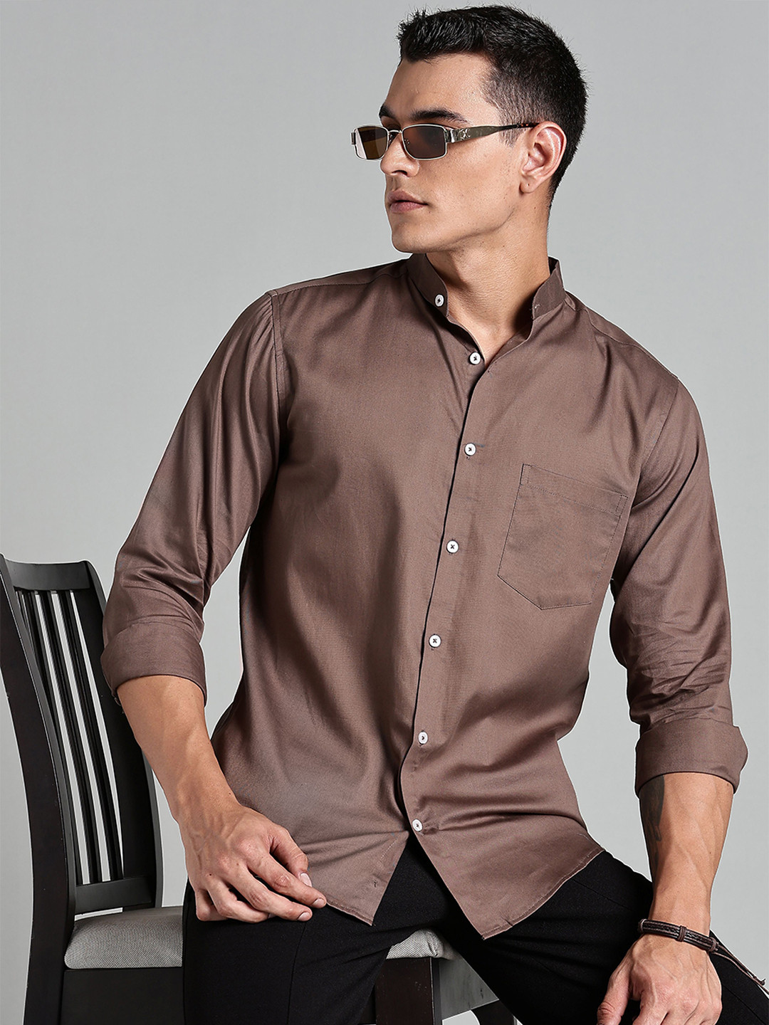 7TH LEGION Men Smart Regular Fit Solid Band Collar Cotton Casual Shirt