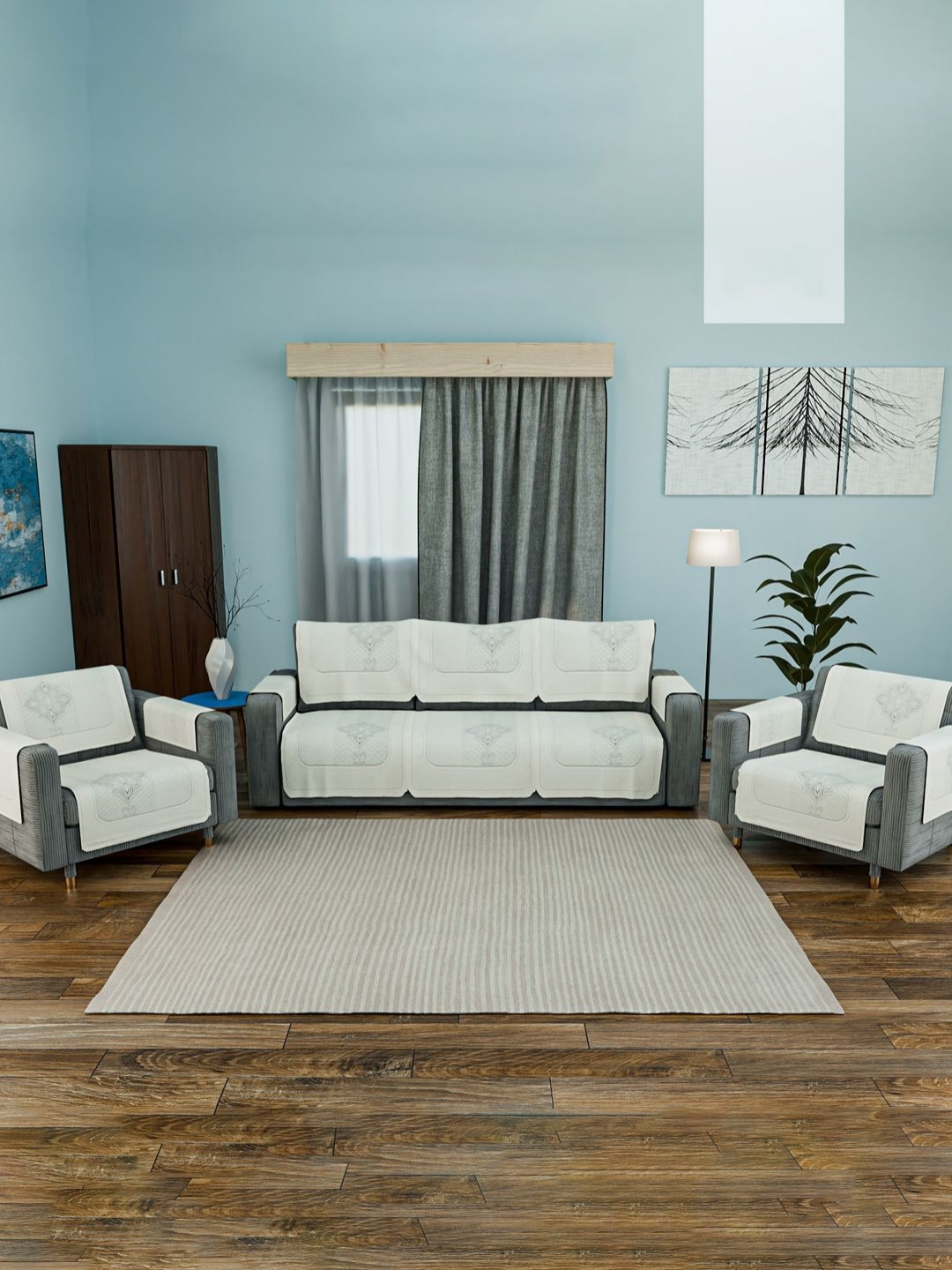 RUBOXA 16 Pieces Off White Cotton 5 Seater Sofa Cover With Arms