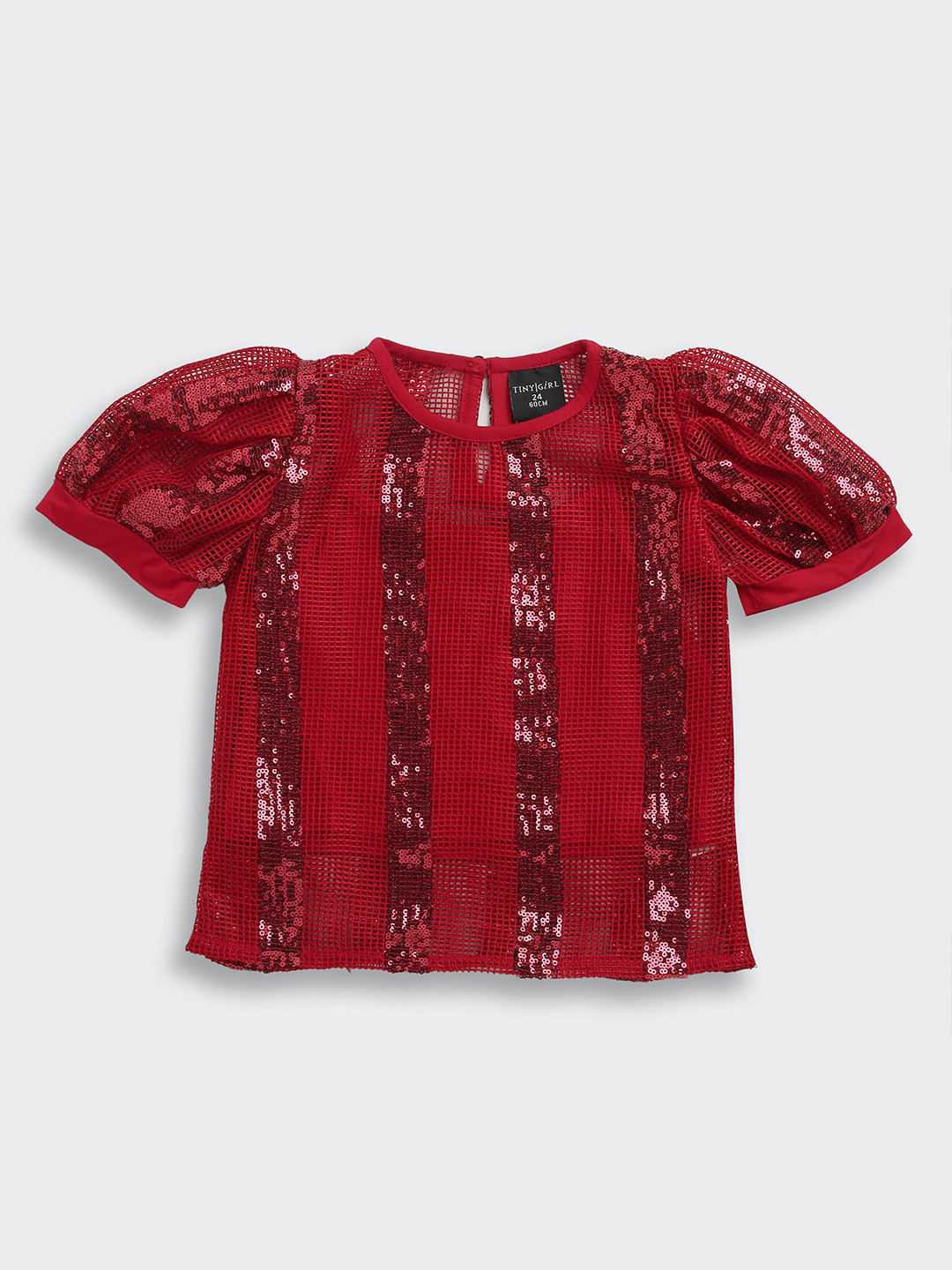 Tiny Girl Sequinned Stripes Embellished Puff Sleeve Sheer Tank Top