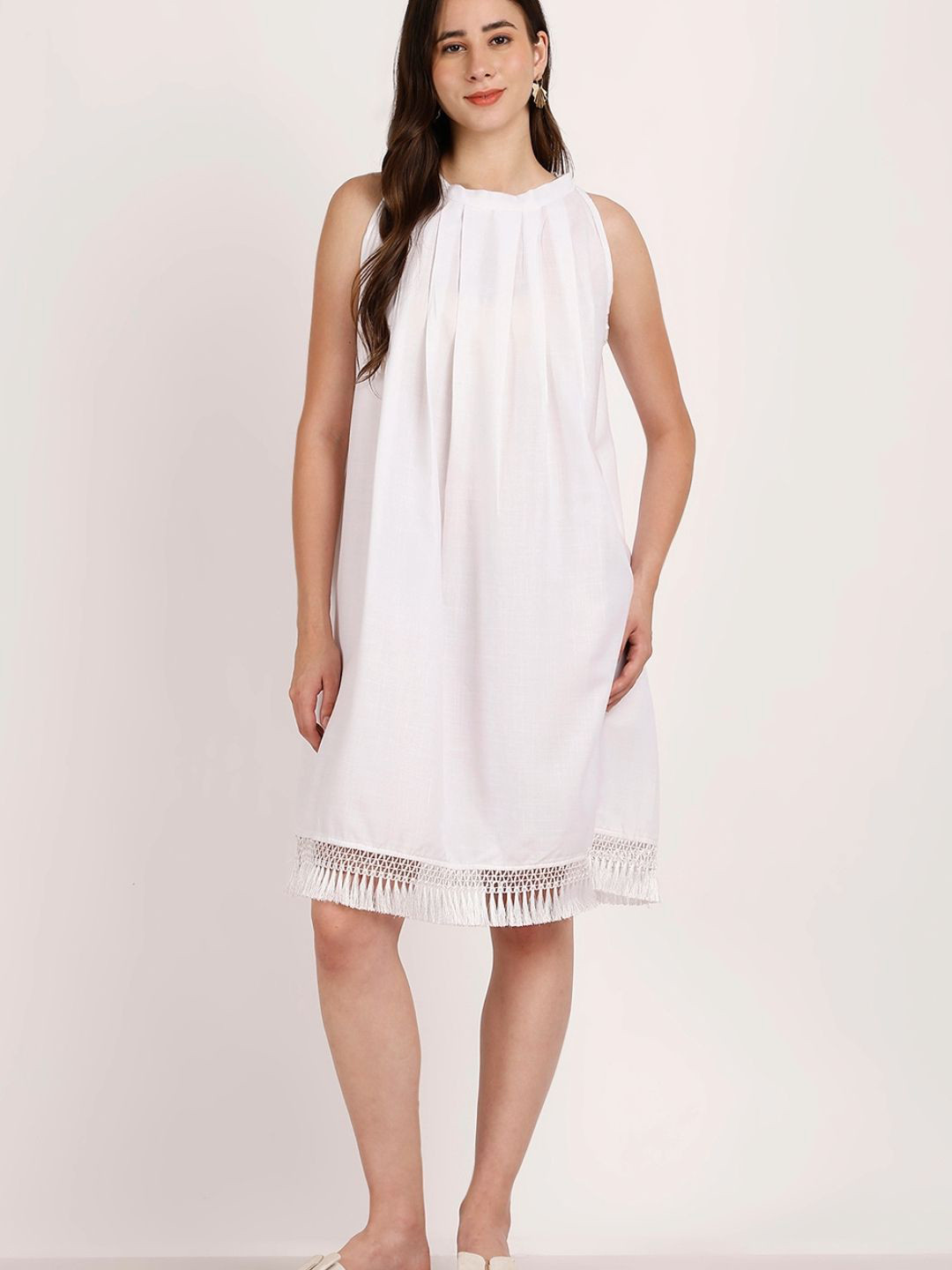 Aoba Women white A-Line Dress With Lace Details Dress