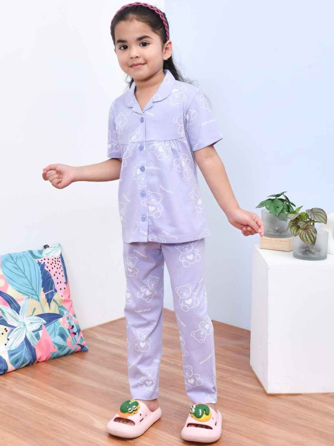 Lagorii Girls Teddy Bear Printed Night Suit Set