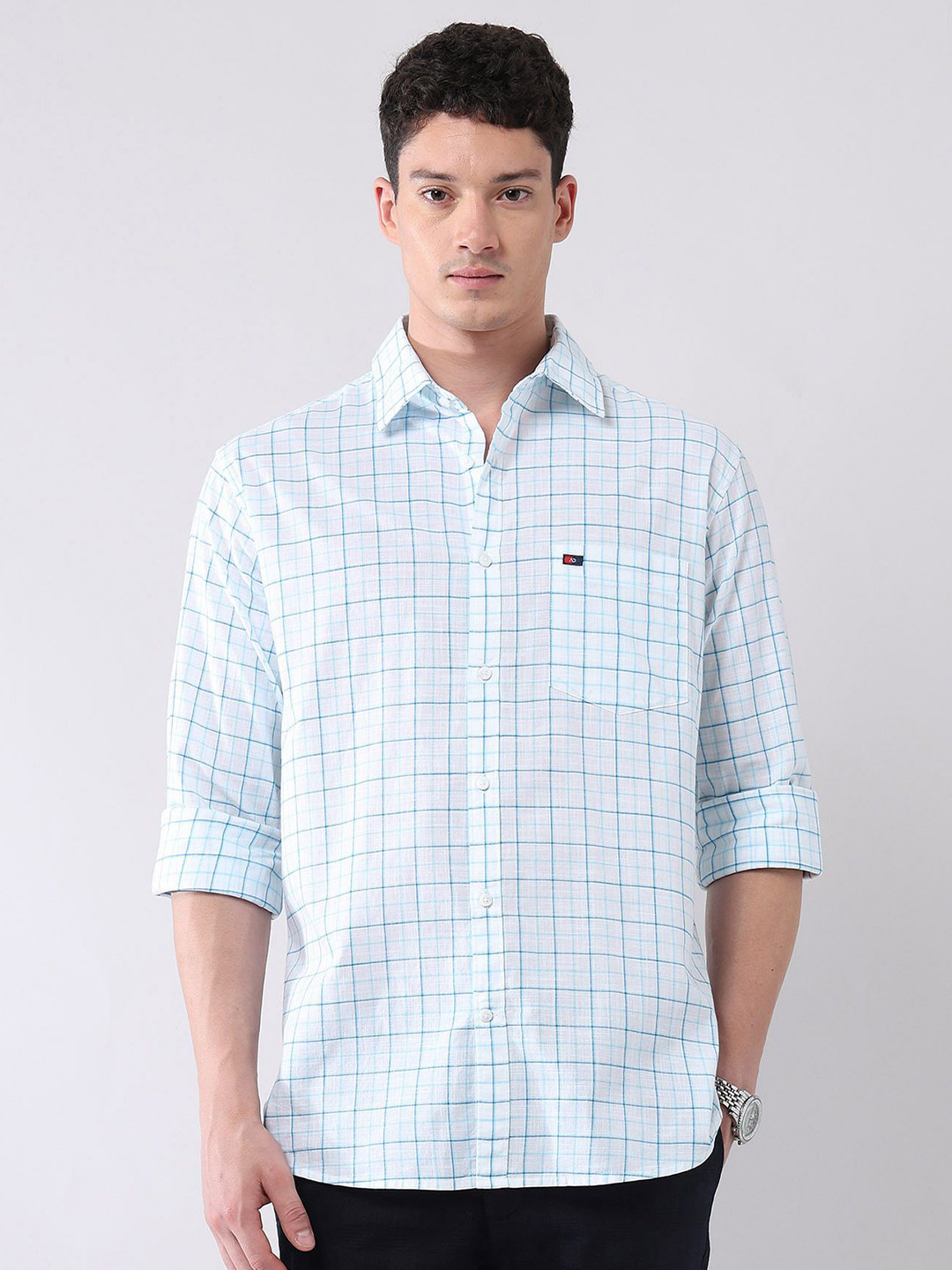 AD By Arvind Men Slim Fit Grid Tattersall Checked Spread Collar Pure Cotton Casual Shirt