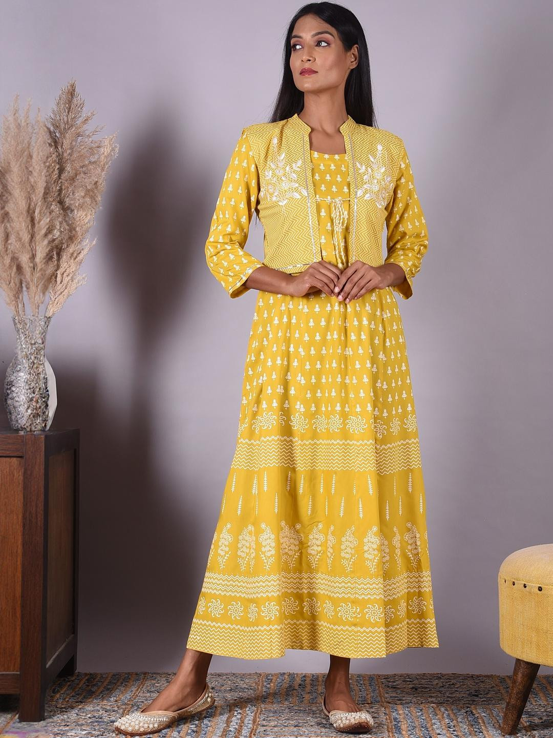 Indiwest Printed Cotton Long A-Line Kurta With Jacket