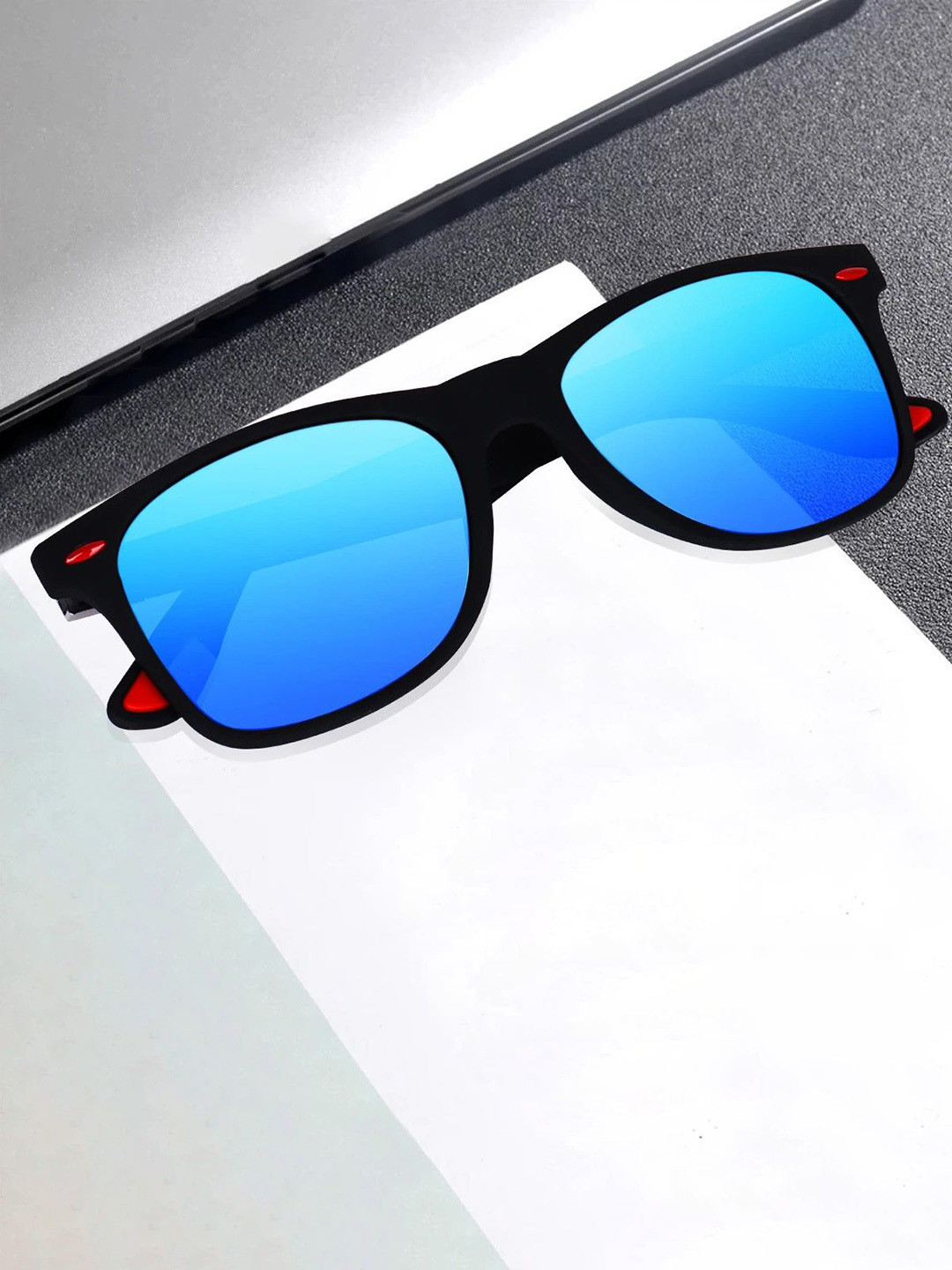 LEGEND EYEWEAR Unisex Blue Lens & Black Square Sunglasses with