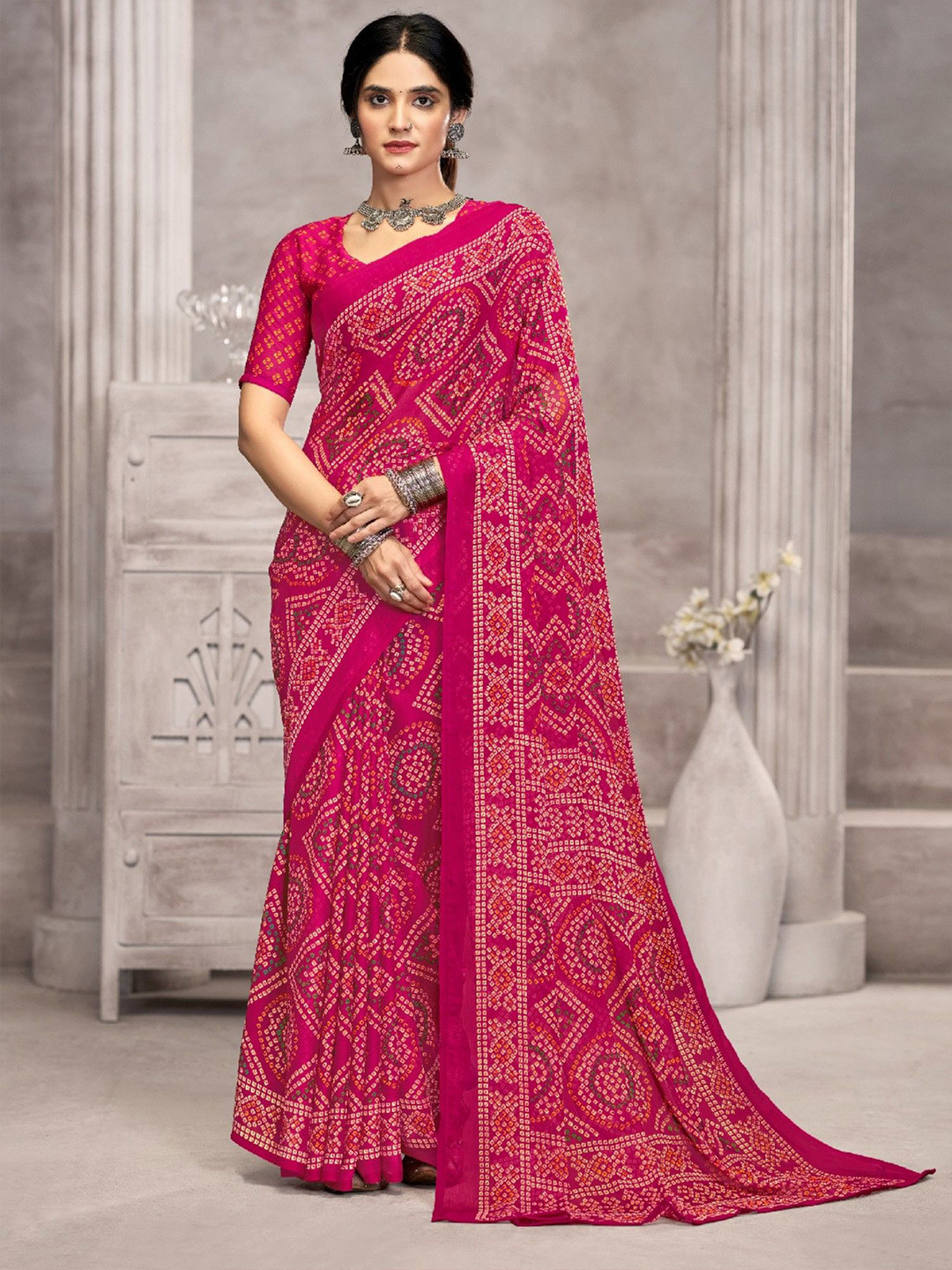 Pandadi Saree Bandhani Sarees With Matching Blouse Piece