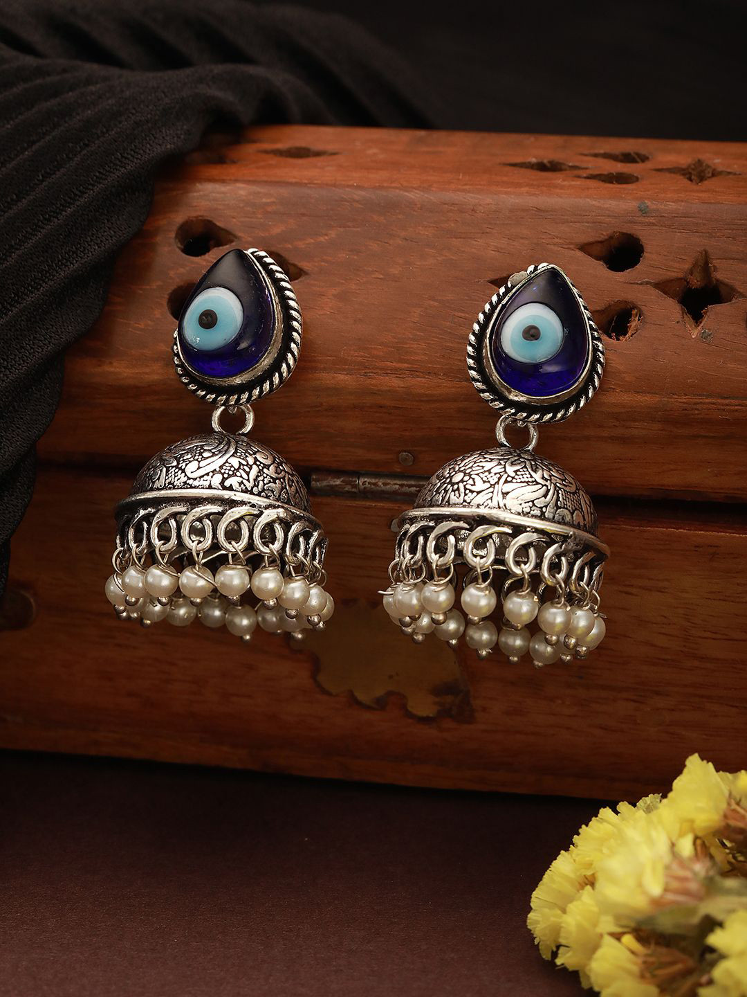 Saraf RS Jewellery Rhodium-Plated Artificial Beads Oxidised Evil Eye Dome Shaped Jhumkas