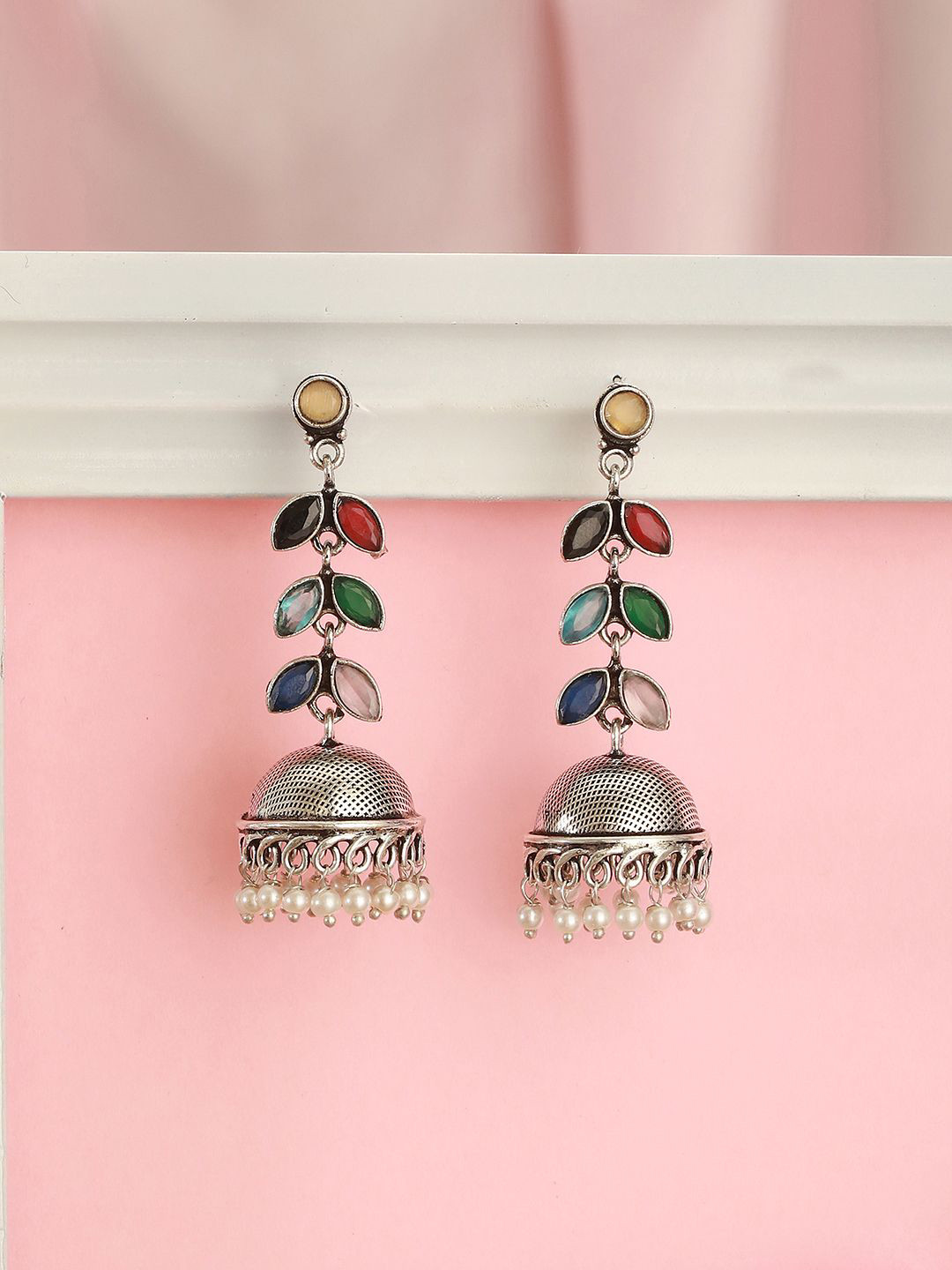 Saraf RS Jewellery Rhodium Plated Artificial Stones Studded & Beaded Oxidised Jhumkas