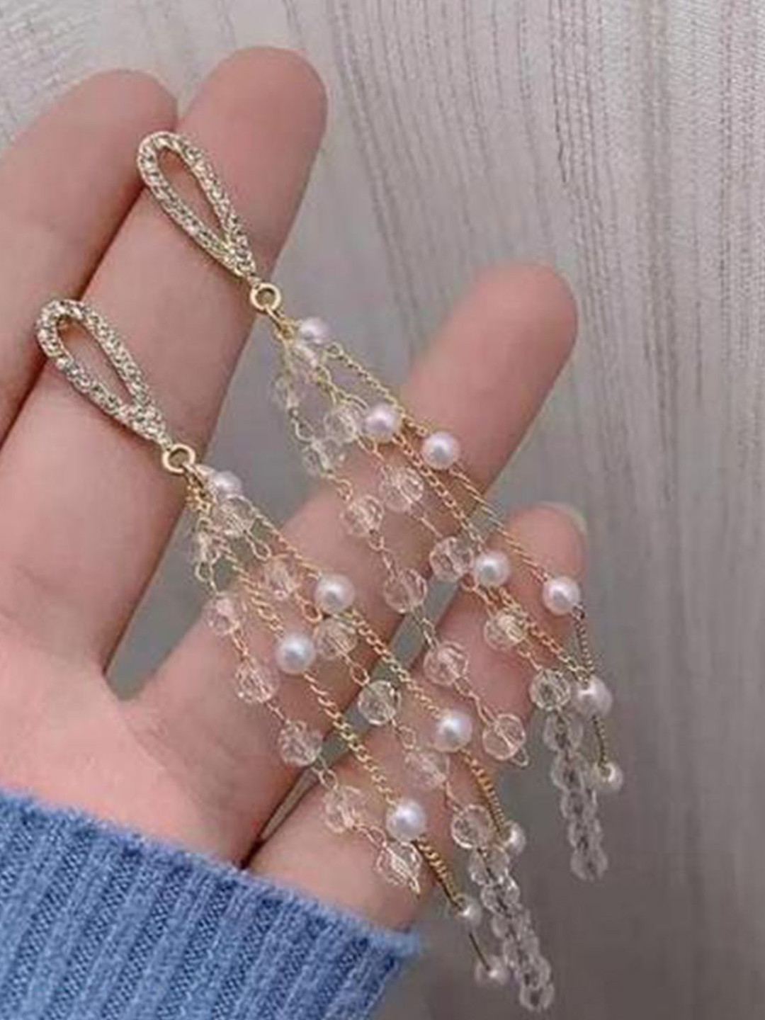 BEYTER Sterling Silver Crystal Studded & Pearls Beaded Korean Contemporary Drop Earrings